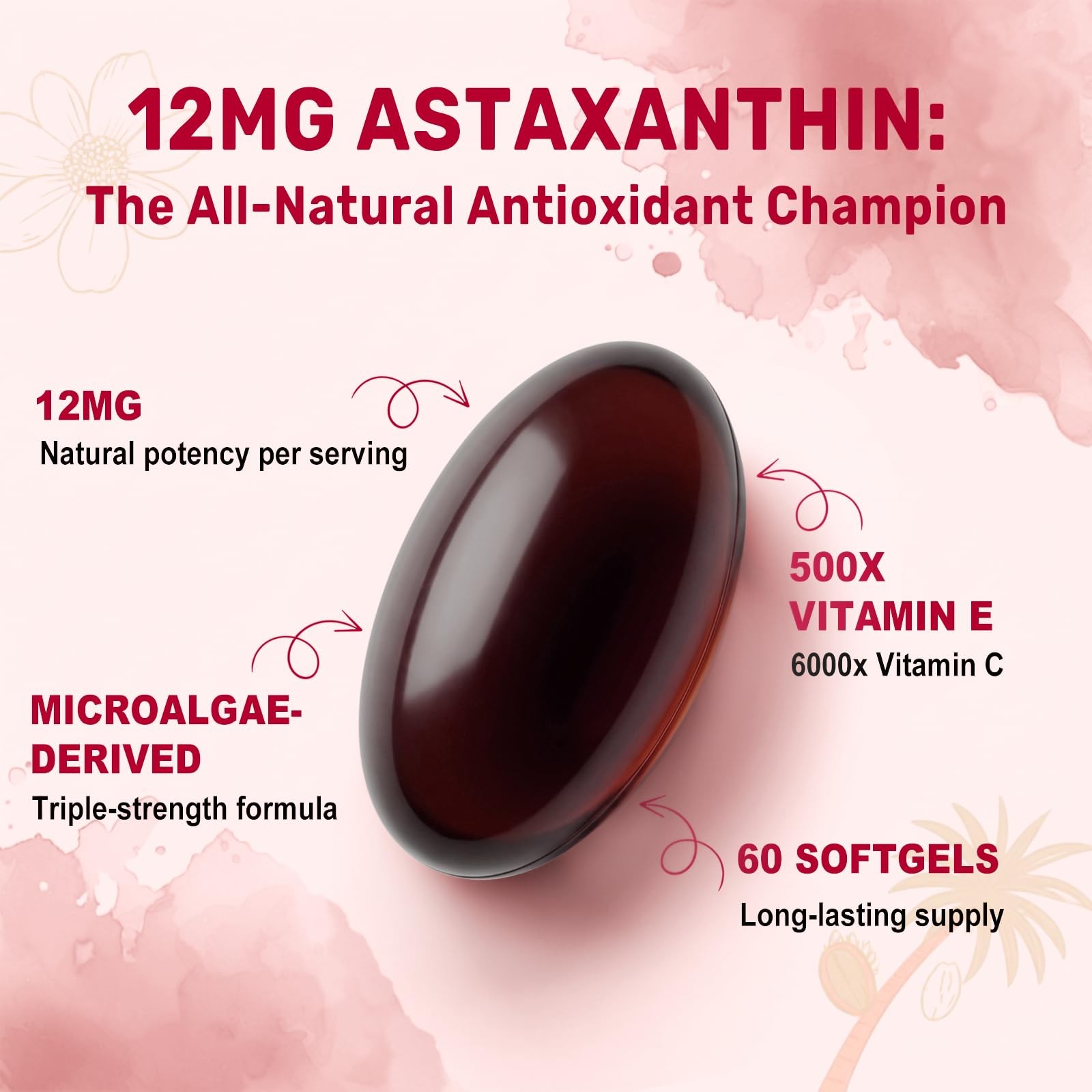 Astaxanthin 12mg with MCT Oil, 60/120 Softgels 60 Count (Pack of 1)