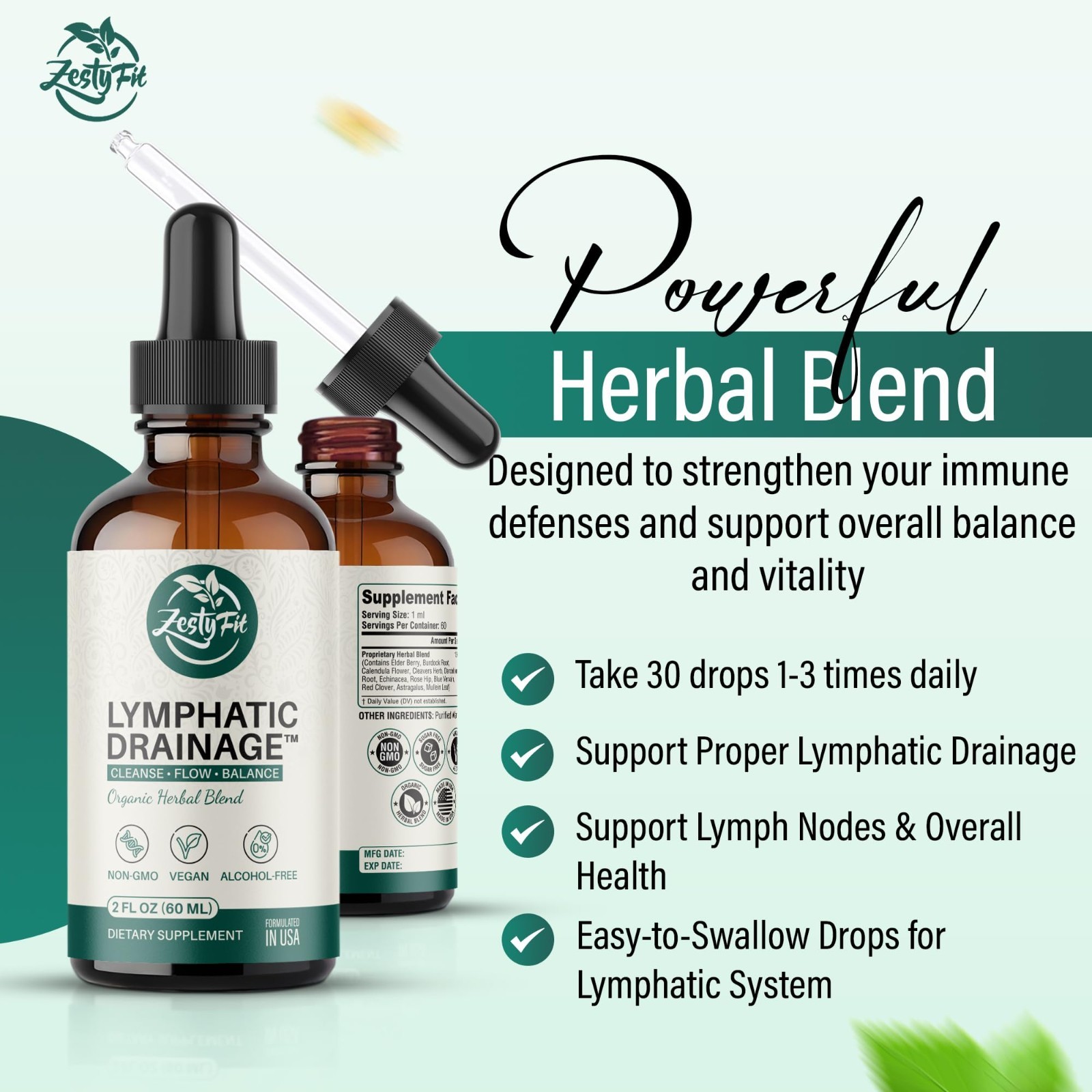 Organic Lymphatic Drainage Drops 11-in-1 Detox Support Liquid, Vegan, Non-GMO, 2