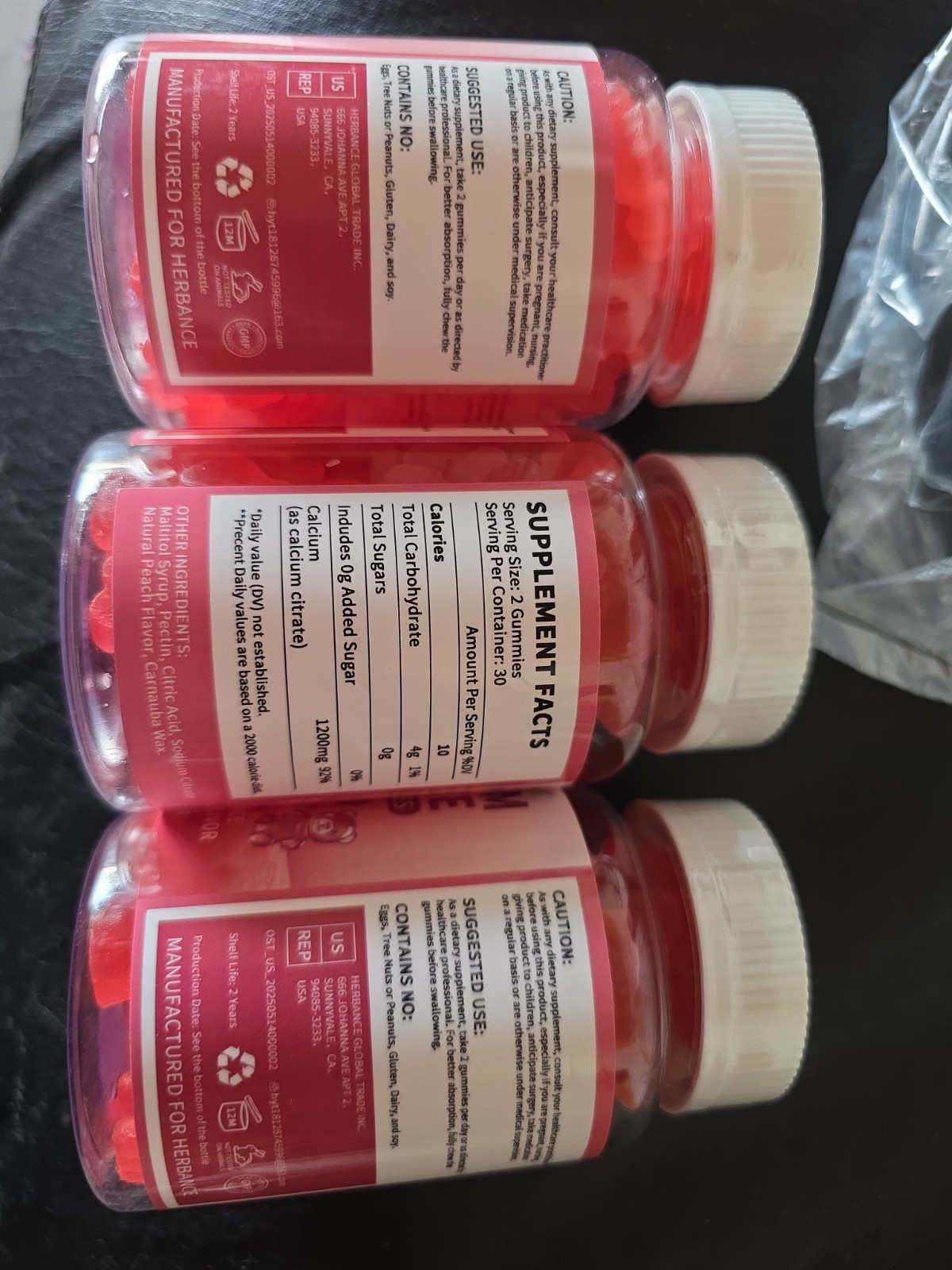 (3 Pack) HerbanceCalcium Citrate 1200 mg Gummies Supplements Peach Sugar Free