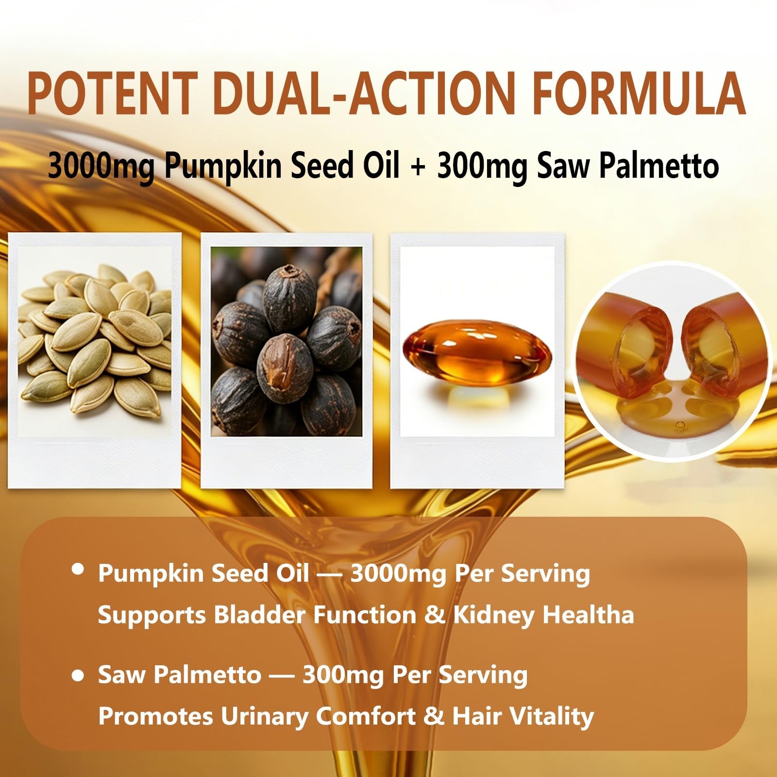 Pumpkin Seed Oil Softgels 3000mg with Saw Palmetto – Kidney Support, Hair Growth