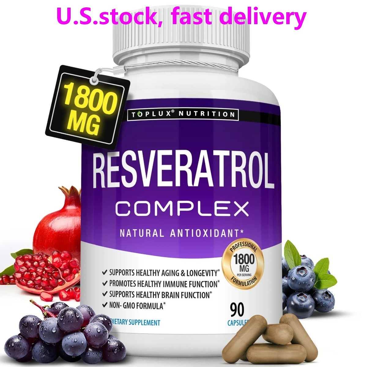 Toplux 1800mg Resveratrol Complex Antioxidant Anti-Aging Immune Support 90 Caps