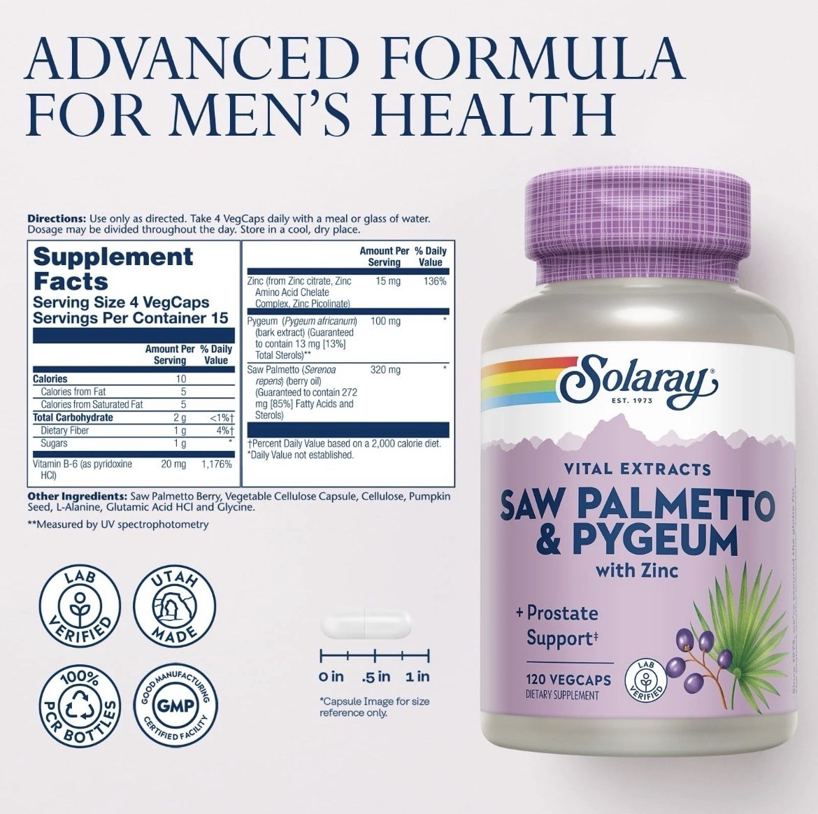 SOLARAY Saw Palmetto & Pygeum-Prostate & Urinary Health Men, 120 Ct., Exp. 12/28