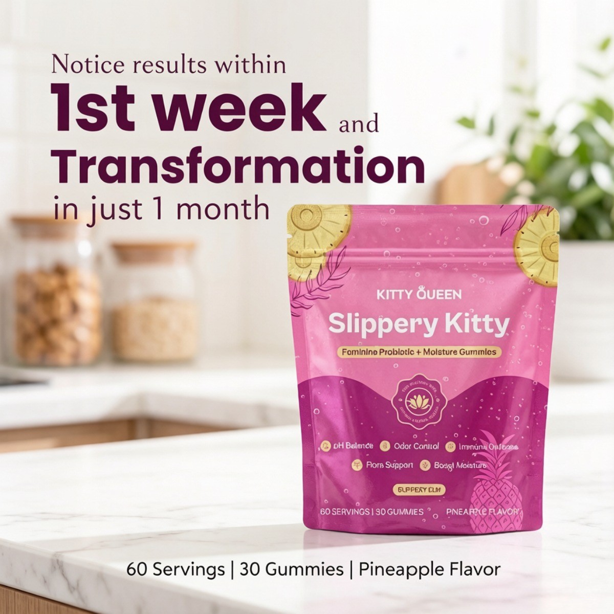 Kitty Queen Feminine Probiotic Gummies for pH Balance & Moisture, Pineapple