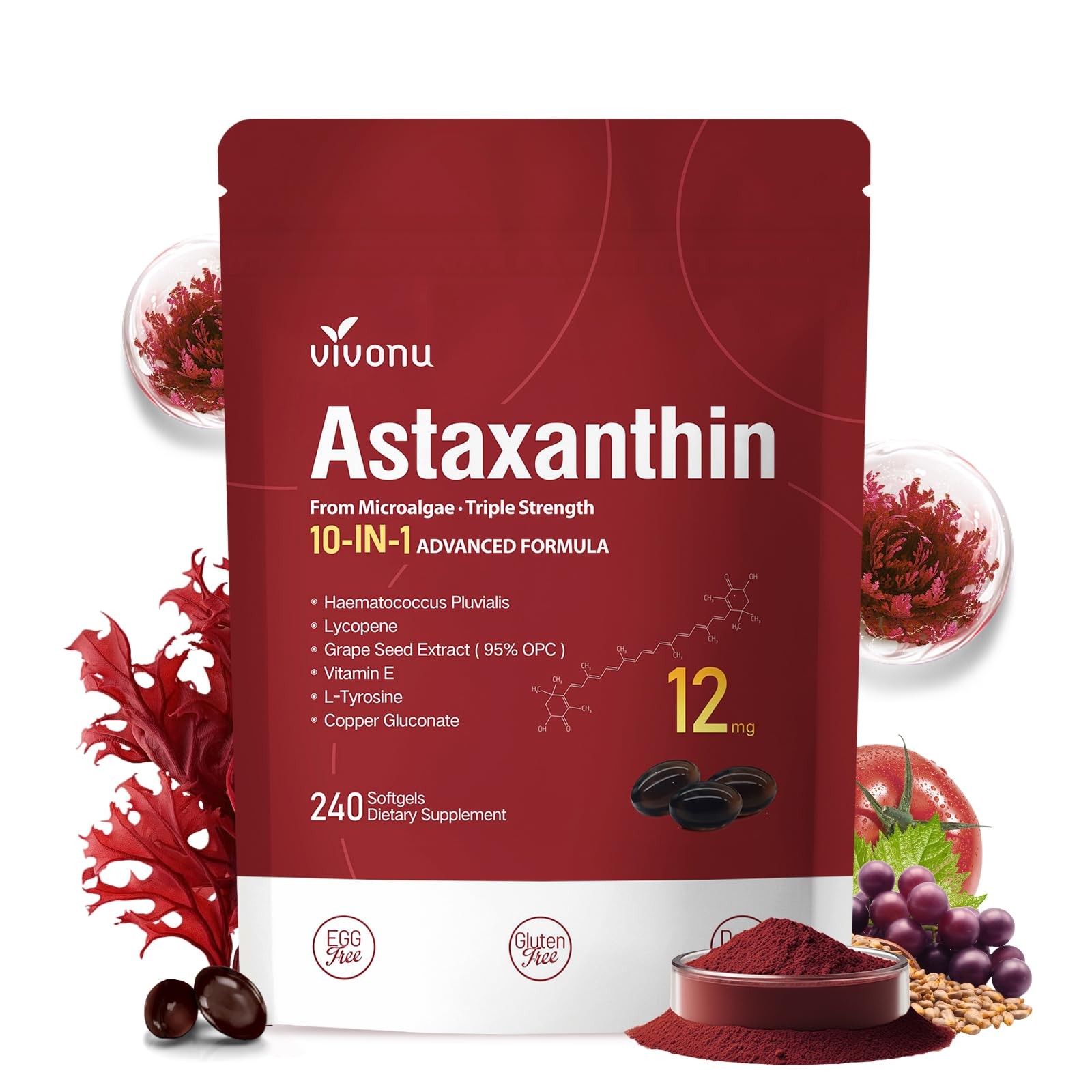 10 in 1 Astaxanthin 12mg Supplements Softgels, 4 Month Supply, 1 Bag