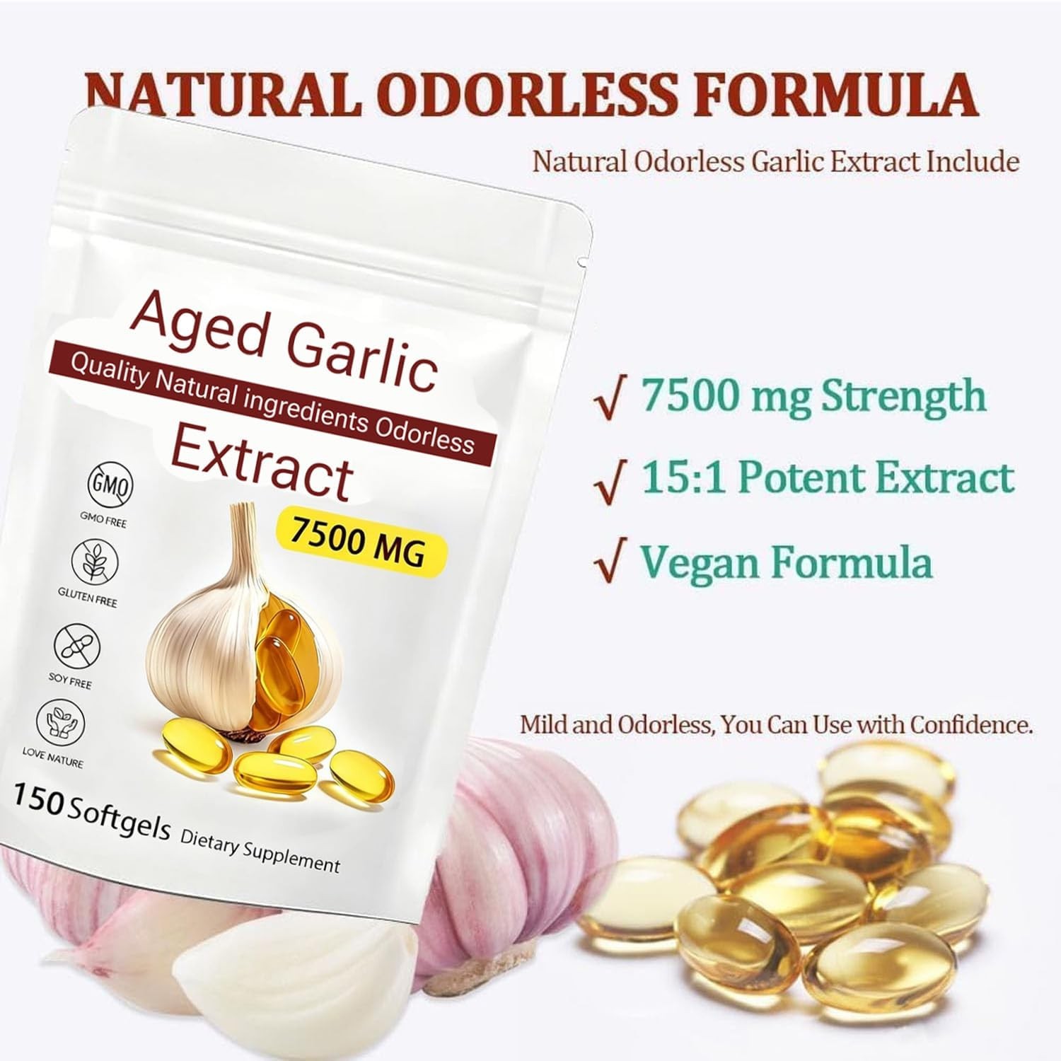 Odorless Garlic 7500mg Per Servings, 150 Softgels | 2 Years Aged Garlic Extract