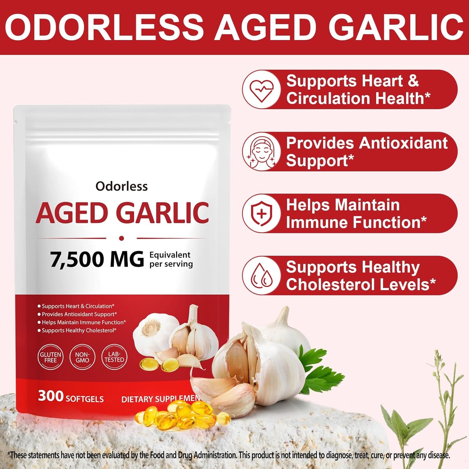 Odorless Garlic 7500mg Per Servings, 300 Softgels | 2 Years Aged Garlic Extra…