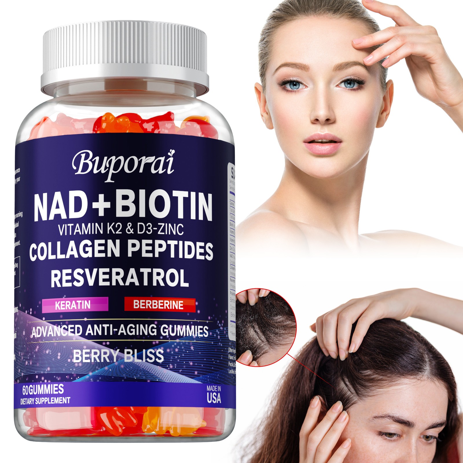 NAD+ Biotin – Resveratrol,Collagen – Promotes Healthy Hair, Nail Growth,and Skin