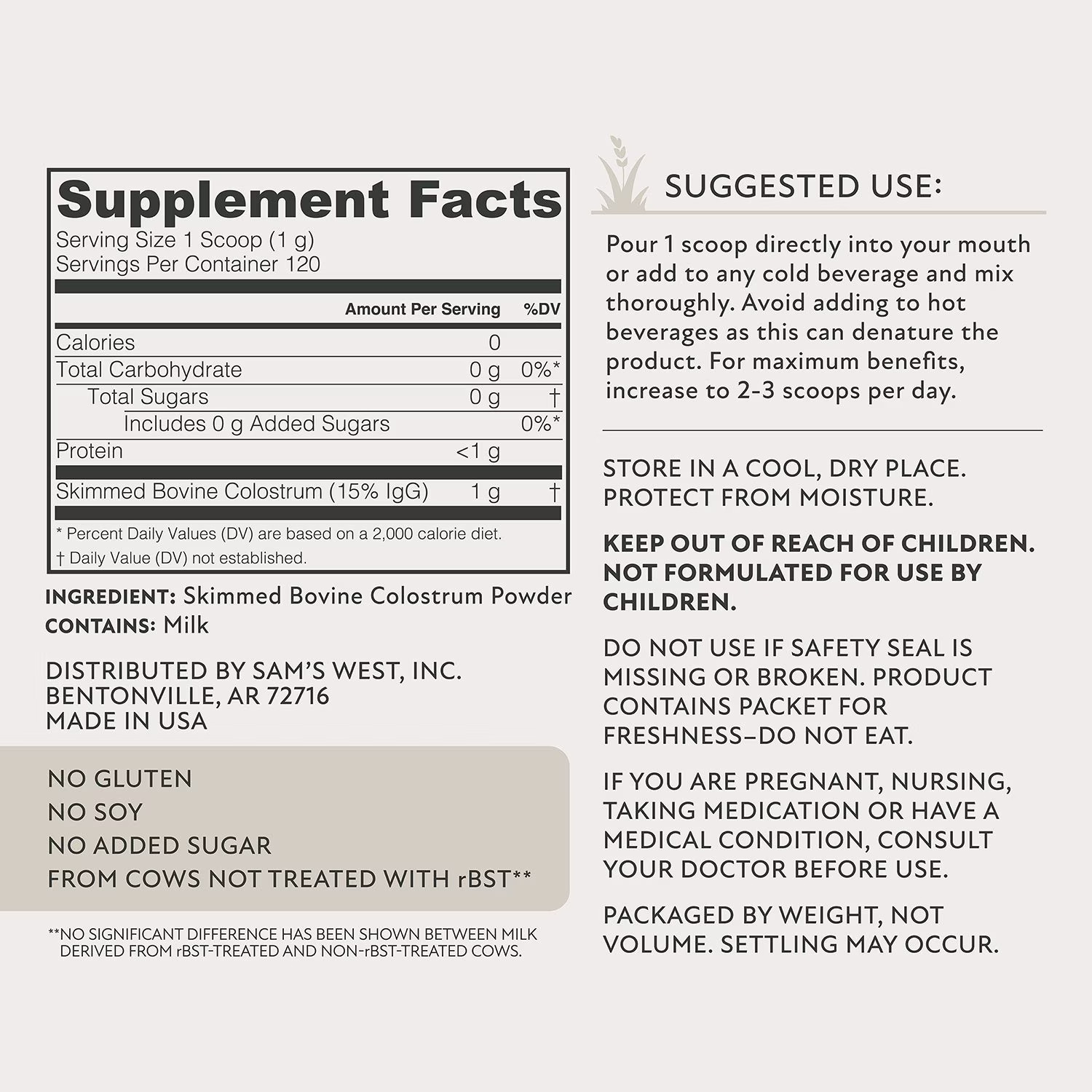Member’s Mark Colostrum Powder, Unflavored, 120 g.
