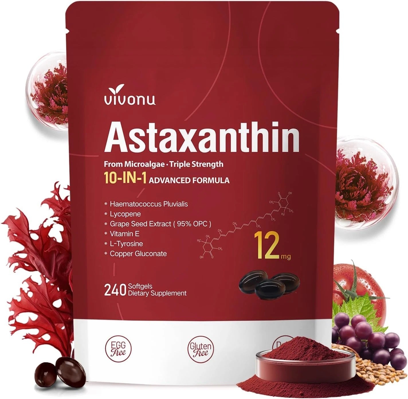 10 in 1 Astaxanthin 12mg Supplements, 4 Month Supply, Astaxantina Antioxidant fr