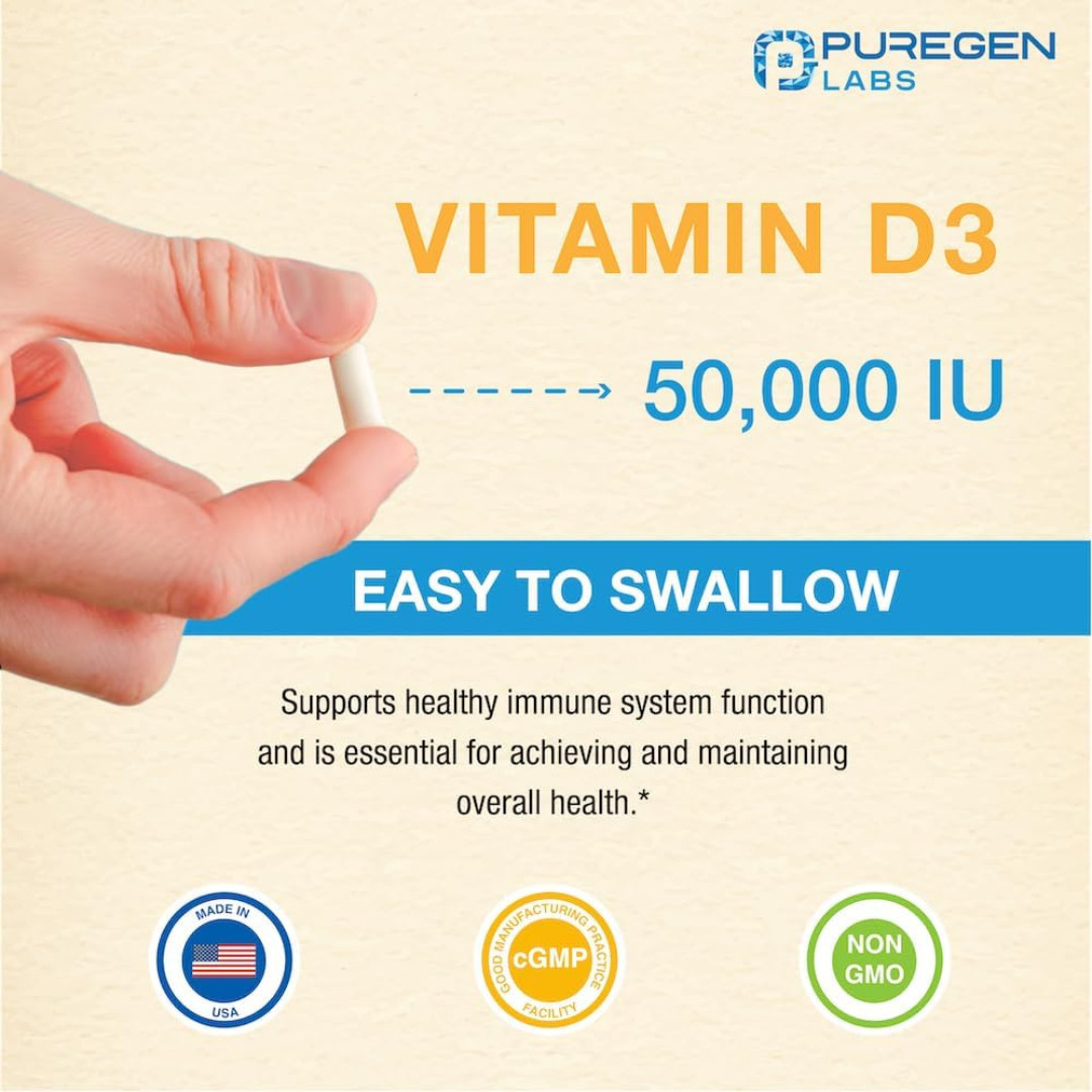 Puregen Labs Vitamin D3 50000 IU 100 Capsules Weekly Bone Immune Support