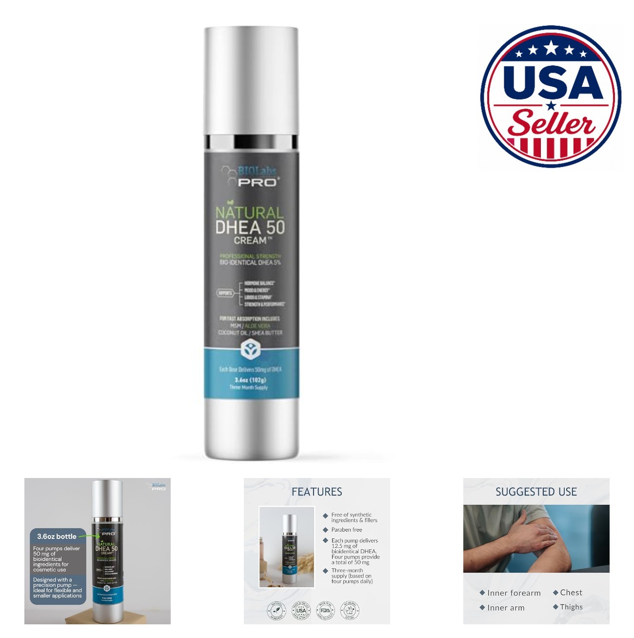 Dhea Cream 50mg Per Dose Bioidentical 3.6 Oz Three Month Supply Non Greasy Cream