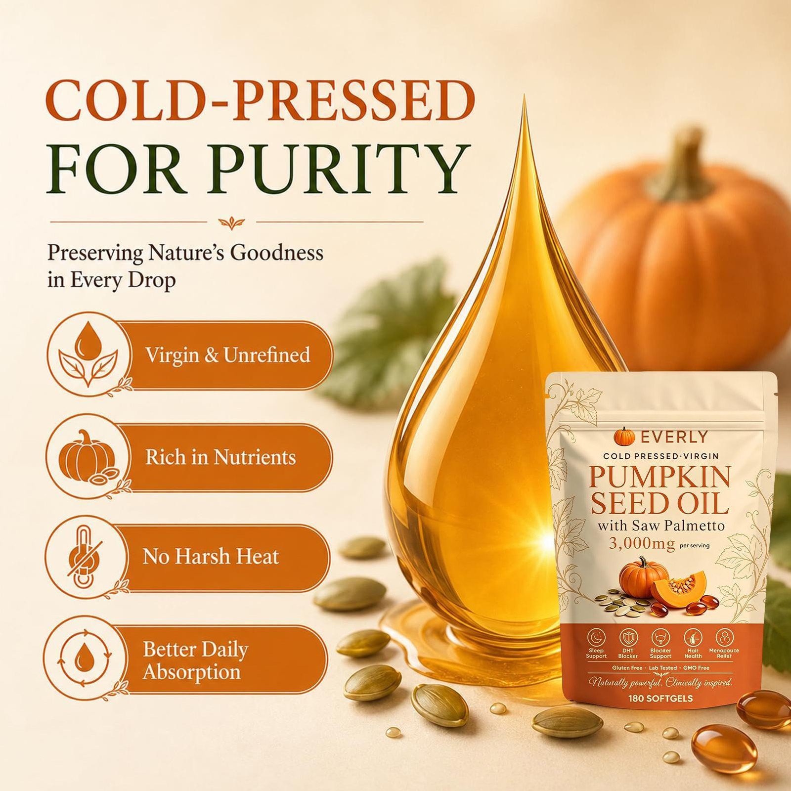 Everly Pumpkin Seed Oil with Saw Palme tto, 180 Softgels, Cold Pressed Pumpkin