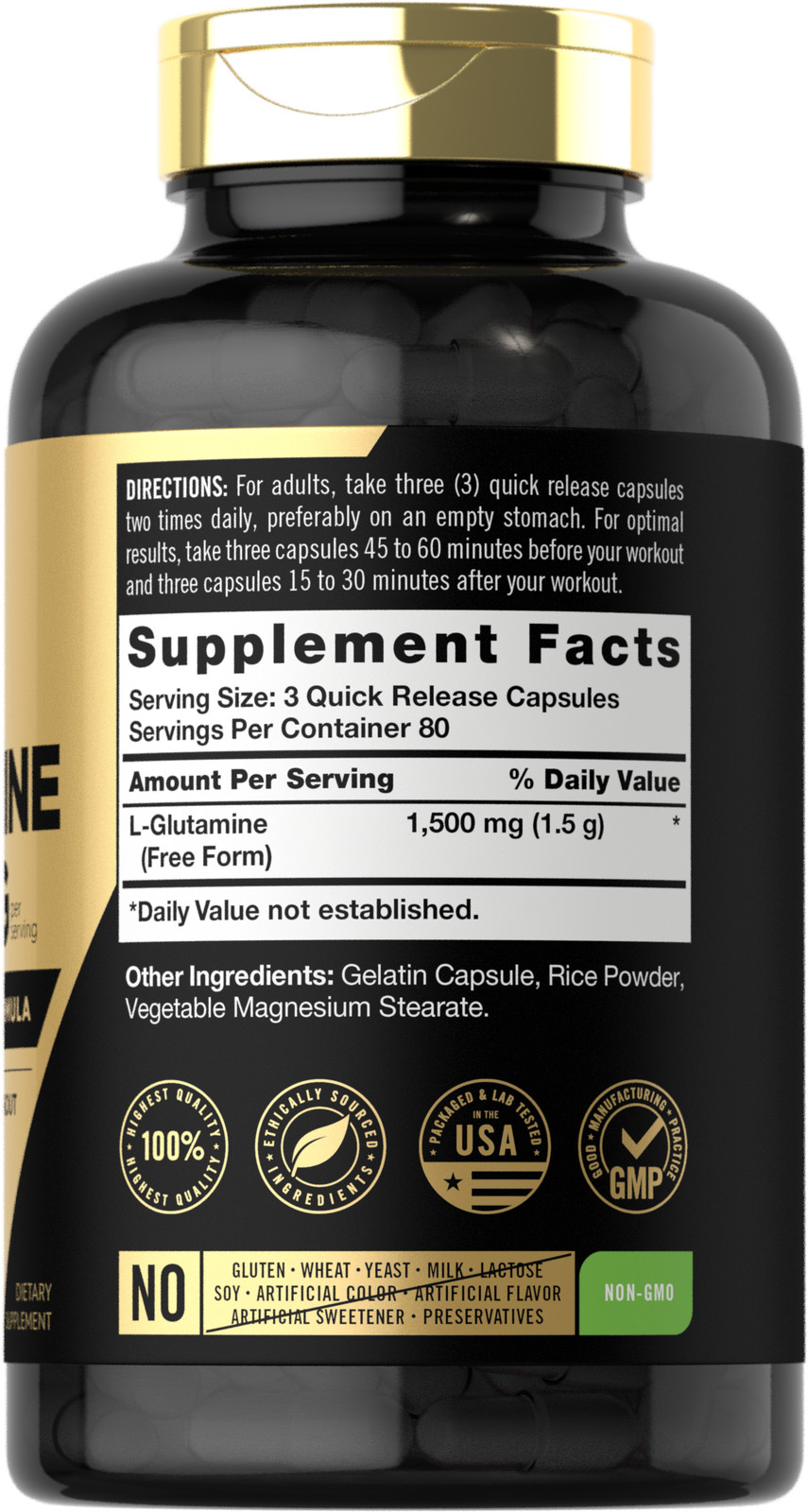 L Glutamine Capsules | 1500mg | 240 Count | Non-GMO, Gluten Free | by Carlyle