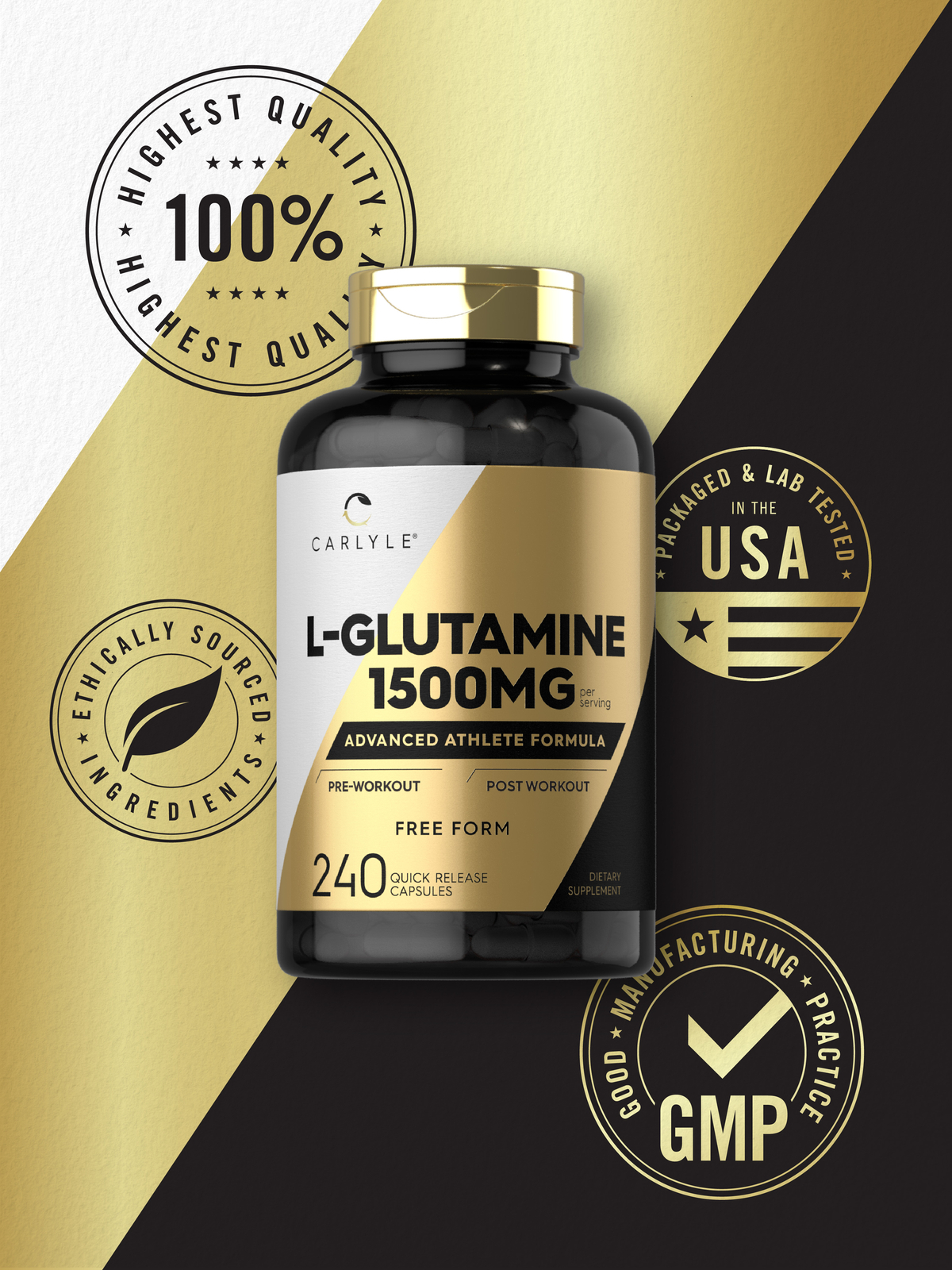 L Glutamine Capsules | 1500mg | 240 Count | Non-GMO, Gluten Free | by Carlyle