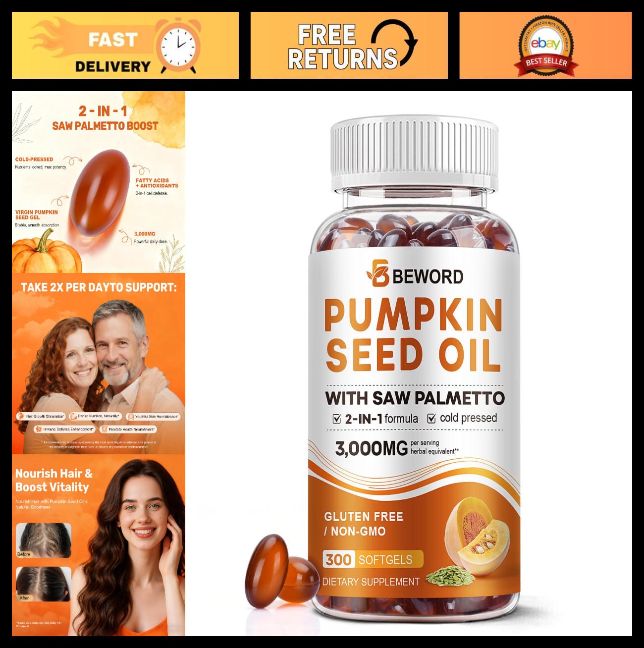 Pumpkin Seed Oil & Saw Palmetto Softgels 3000mg – 300 Cold Pressed Capsules for