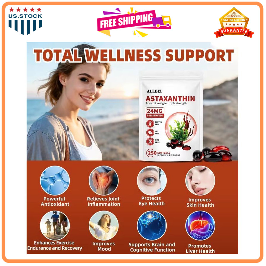 ALLBIZ Astaxanthin 24mg 250 Softgels Antioxidant Eye Skin Brain Liver Support