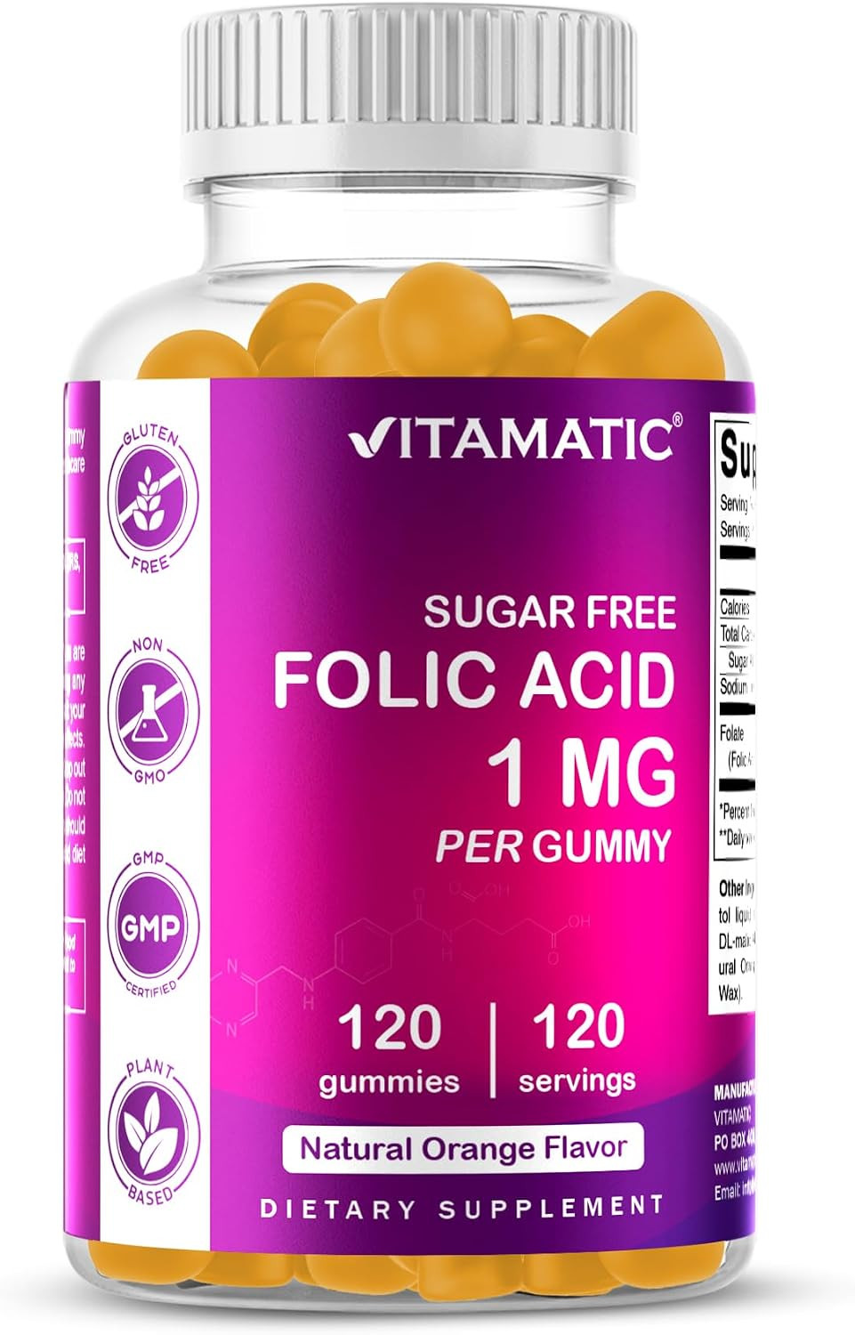 Vitamatic Sugar Free Folic Acid 1 mg Gummies 120 Count Orange Flavor | 1 mg Foli