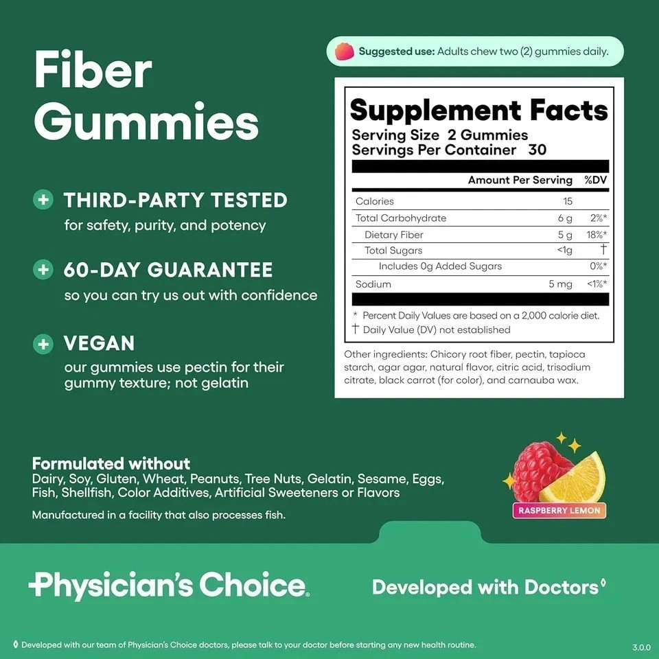Physician’S Choice Fiber Gummies for Digestive Health & Regularity – Raspberry L