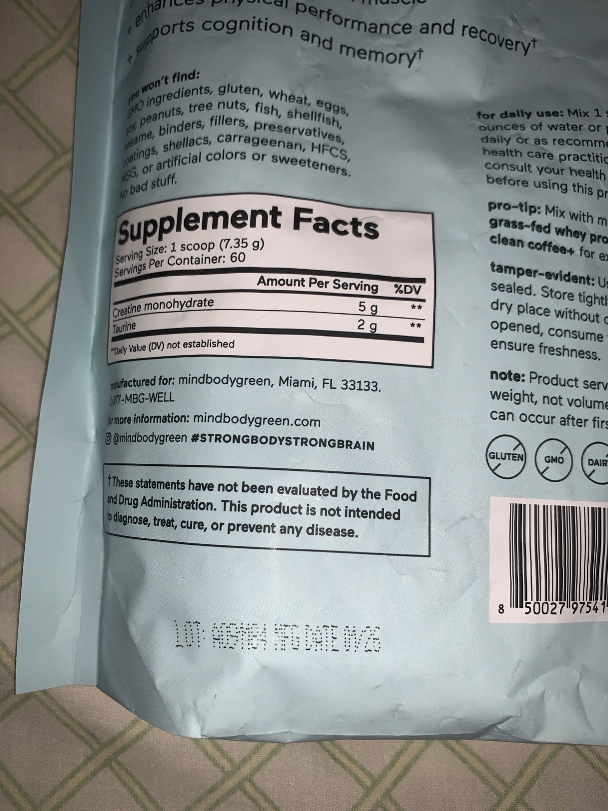 2 Units mindbodygreen Creatine+ with Taurine 60 Servings (total 120) Powder Bag