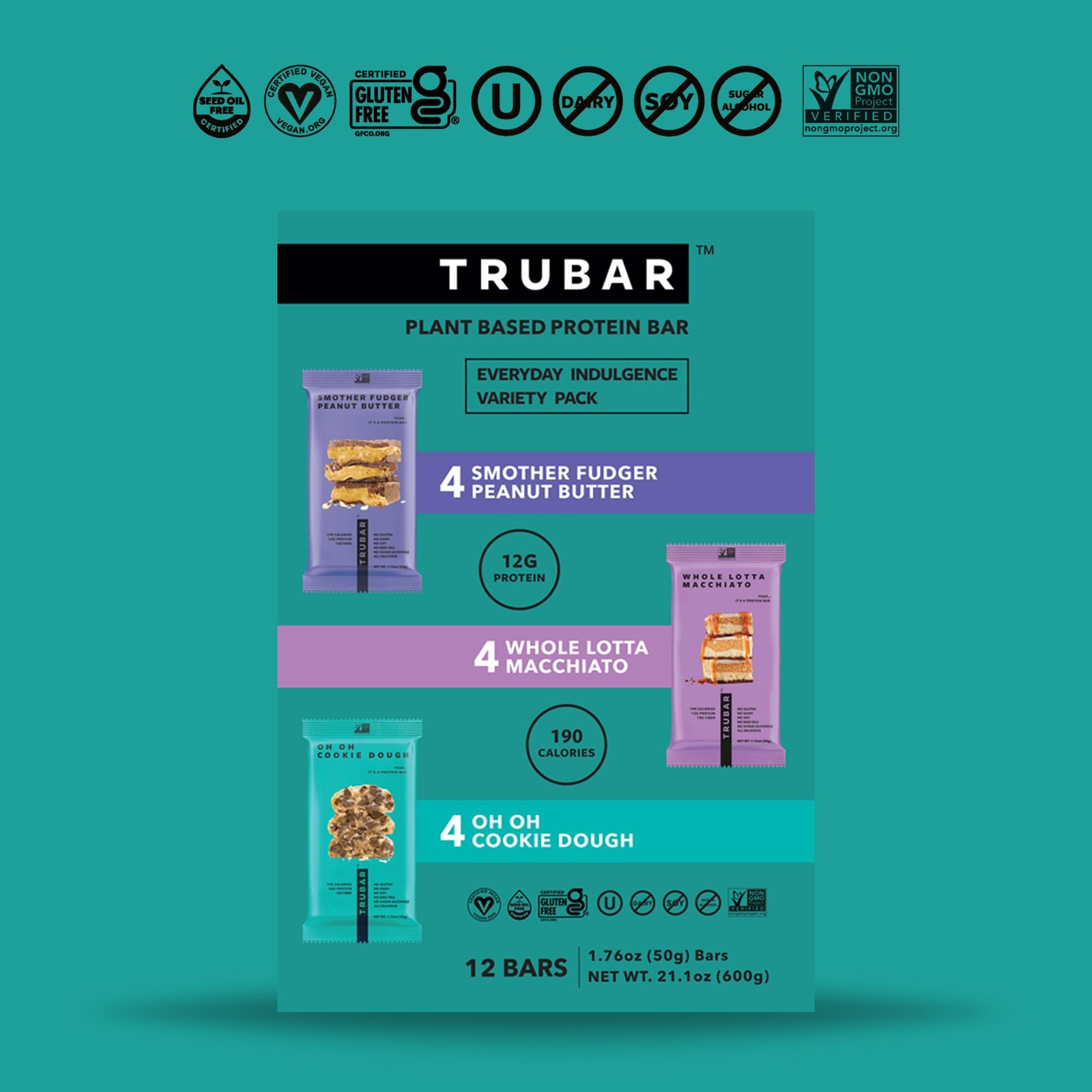 TRUBAR Vegan Protein Bar Variety Pack, Assorted Flavors, 1 Count (Pack of 12)