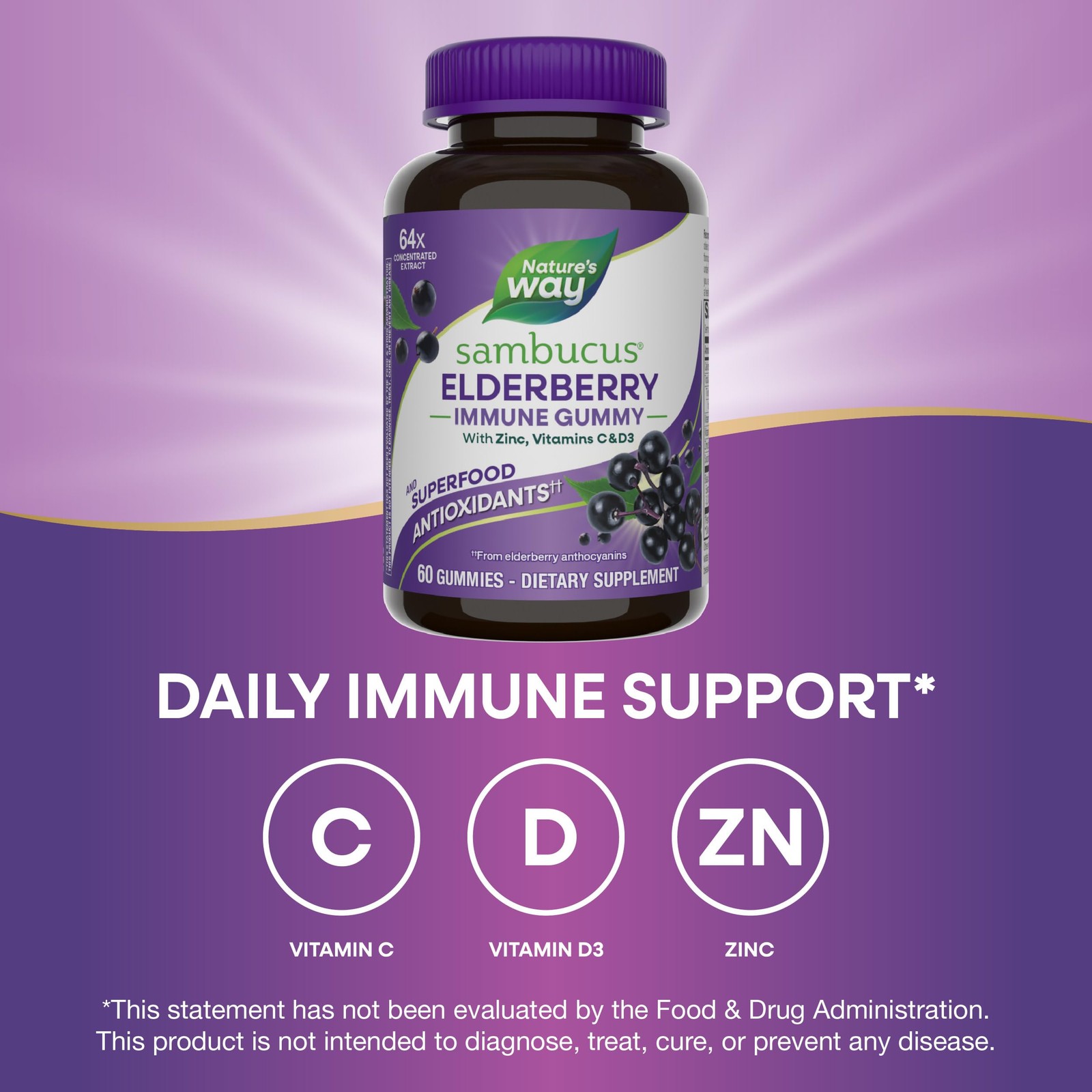 Nature’s Way Sambucus Elderberry Immune Support Gummies 60 Count (Pack of 3)