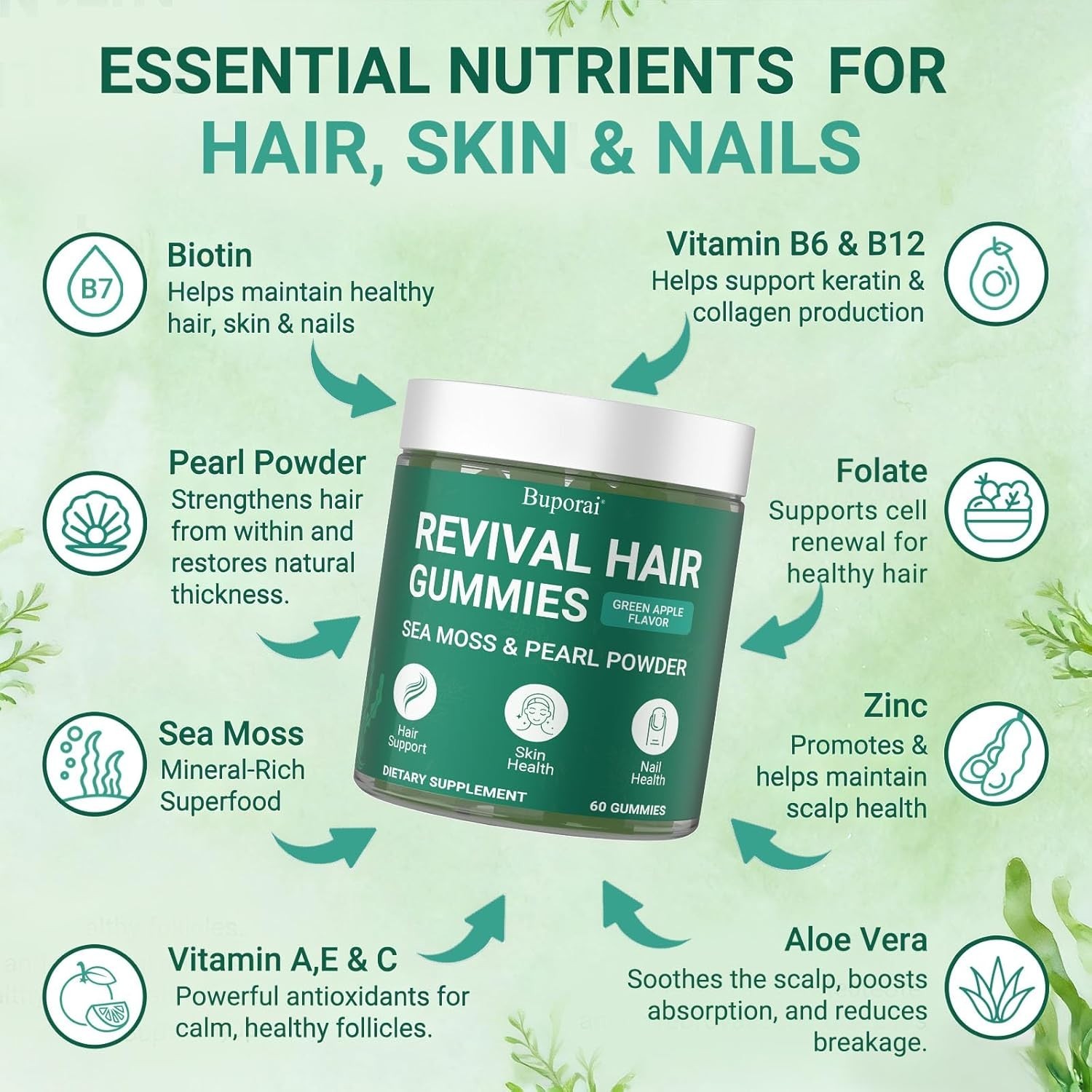 Hair Growth Gummies, Buporai Revival, Sea Moss Biotin with Pearl Powder, 60 Gums