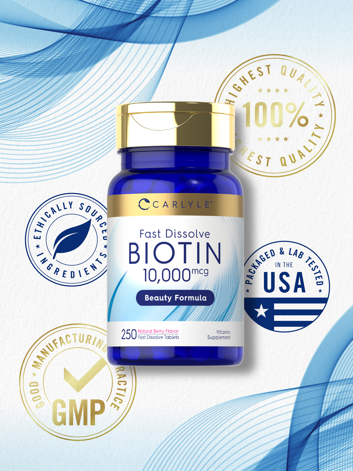 Biotin 10000mcg | 250 Fast Dissolve Tablets | Max Strength | by Carlyle