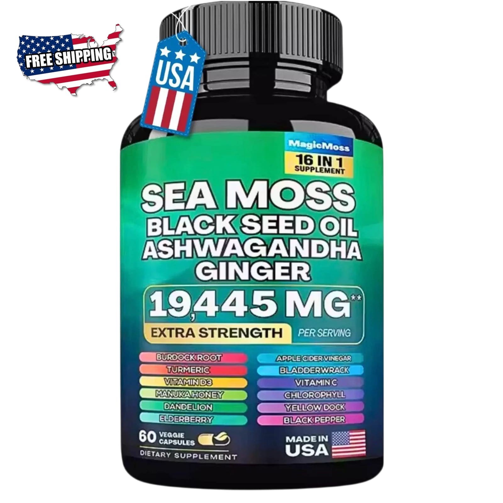 Sea Moss Black Seed Oil Ashwagandha Turmeric Ginger 16-in-1 Multivitamin 60Ct US