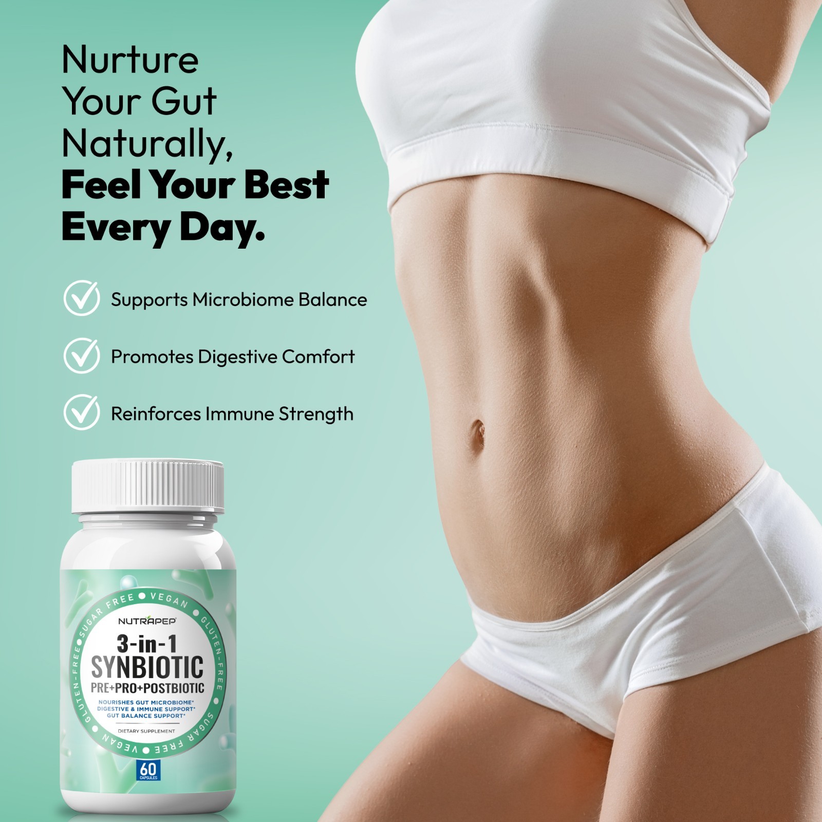NutraPep Synbiotics Probiotic Prebiotic Postbiotic – Daily Gut Health Support