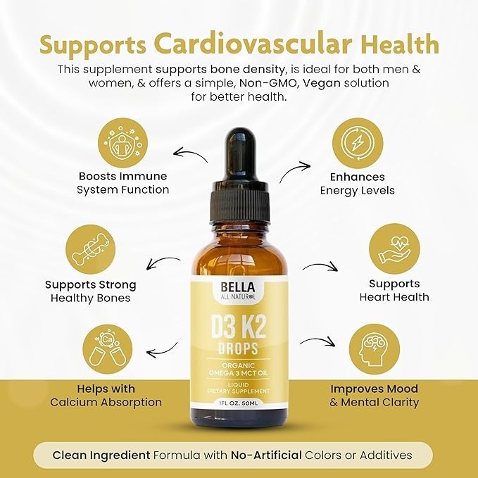 Bella All Natural D3 K2 Drops 3 Pack Organic Omega 3 MCT Oil Immune Bone Support