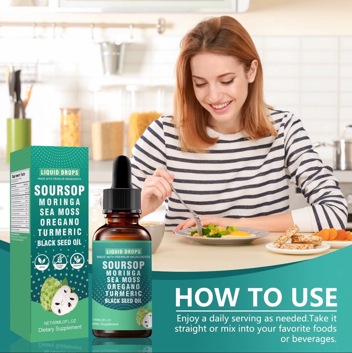 Nature’s Grant Soursop Moringa, Seamoss, Oregano, Turmeric, Black Seed Oil Drops