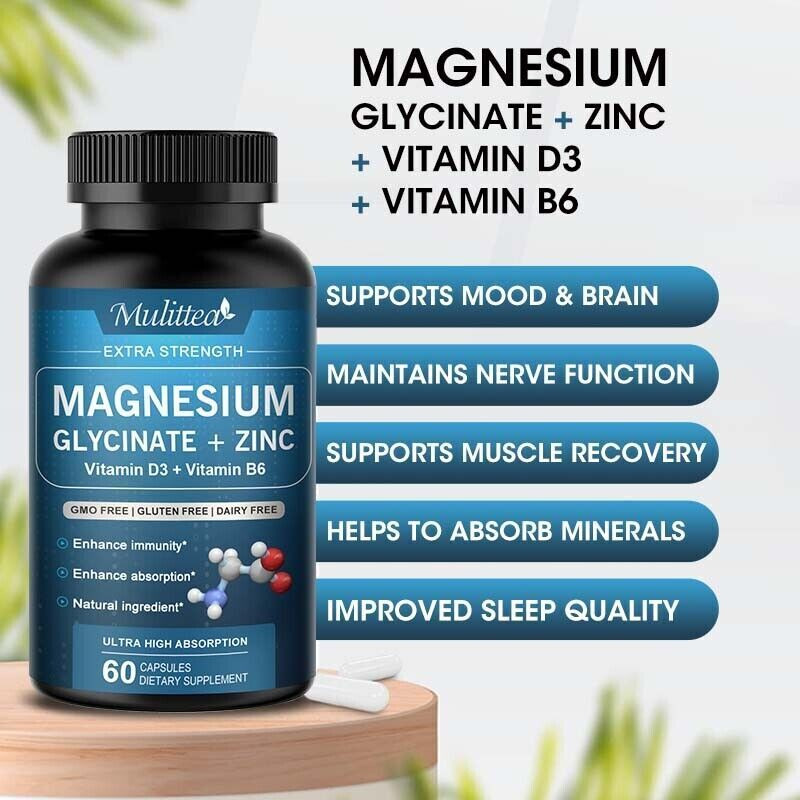 Magnesium Glycinate 500Mg with Vitamin D B6 Zinc Bone Heart Muscle Nerve Health