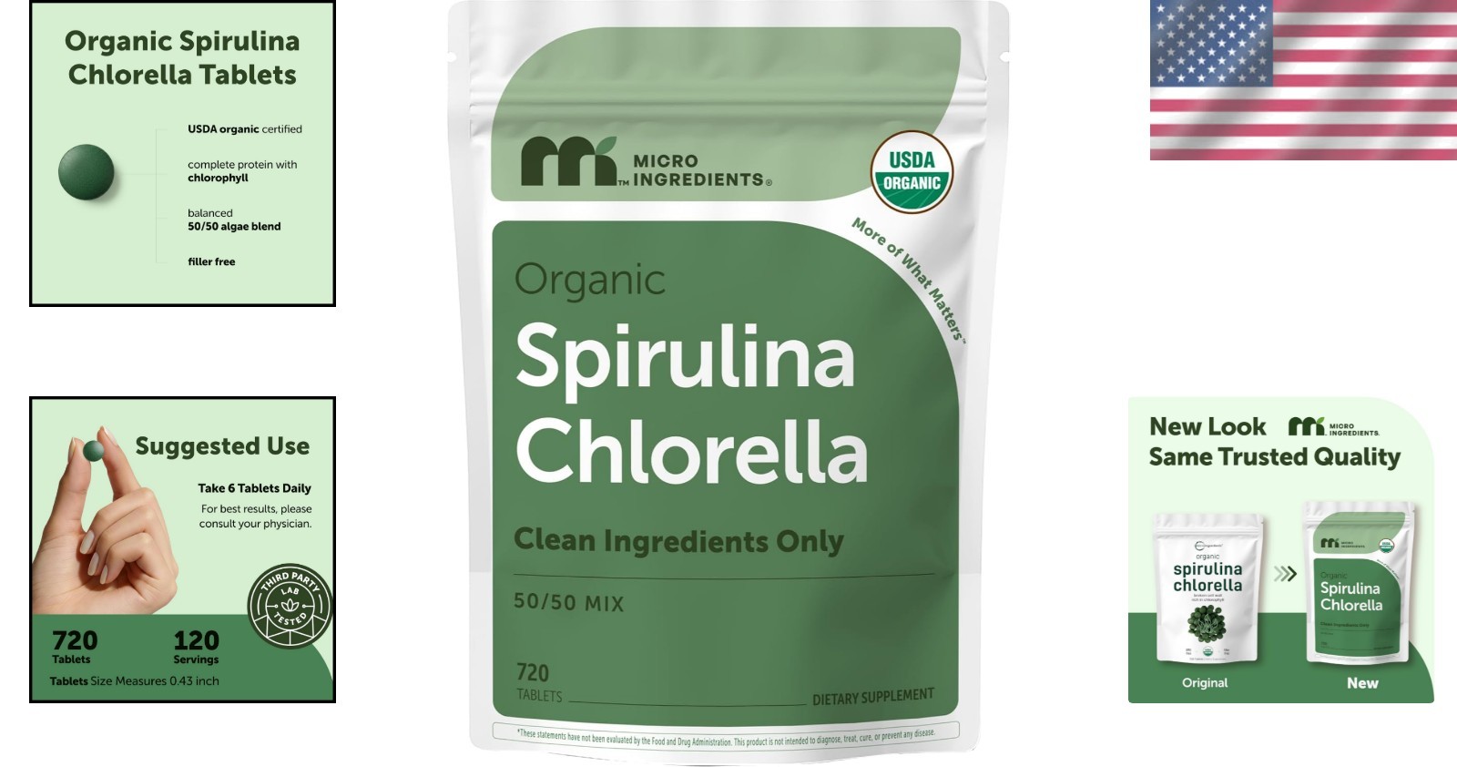Organic Spirulina Chlorella Tablets – 720 Count, 4 Supply for Vitality
