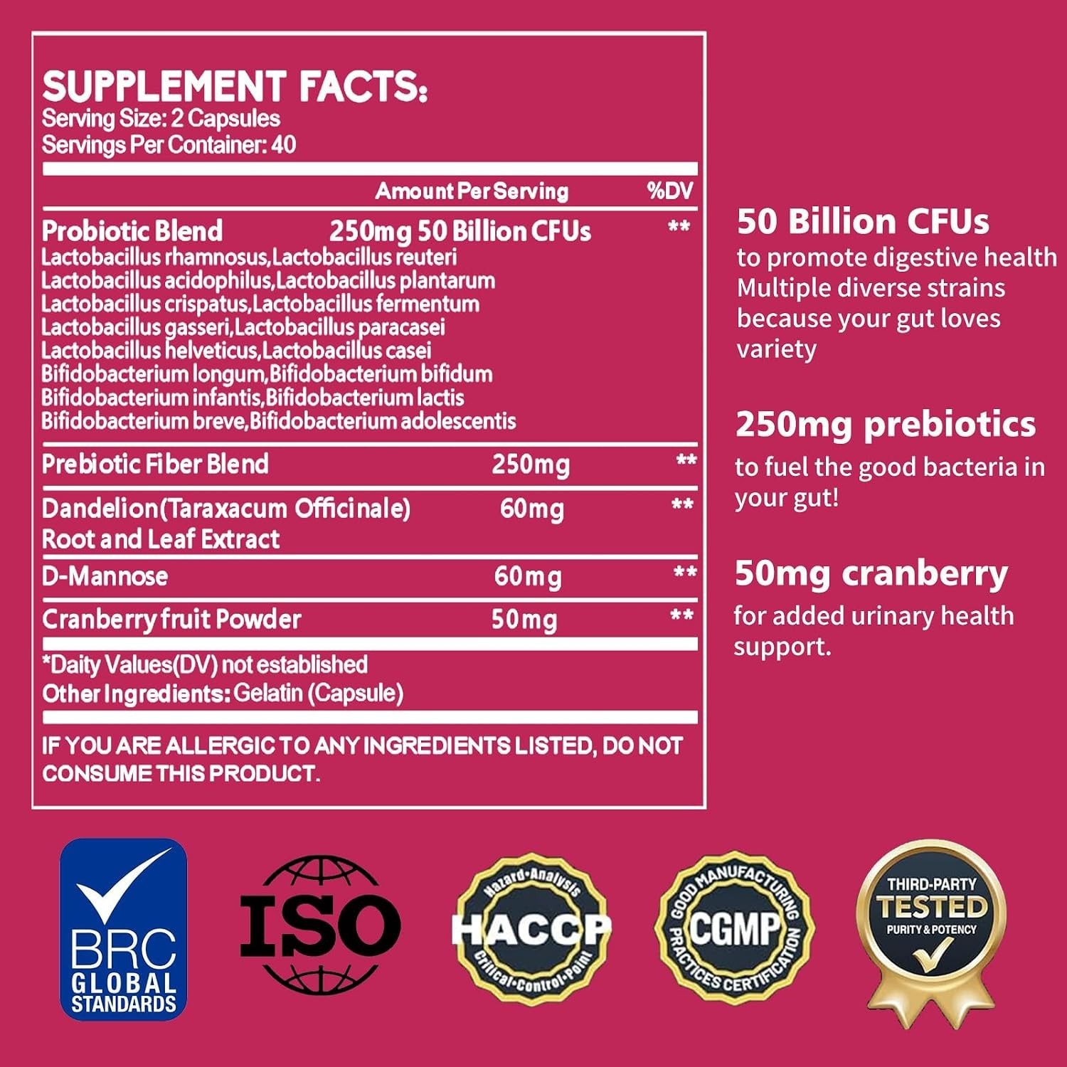 Probiotics for Women 50 Billion CFU Prebiotic Cranberry 80 Capsules