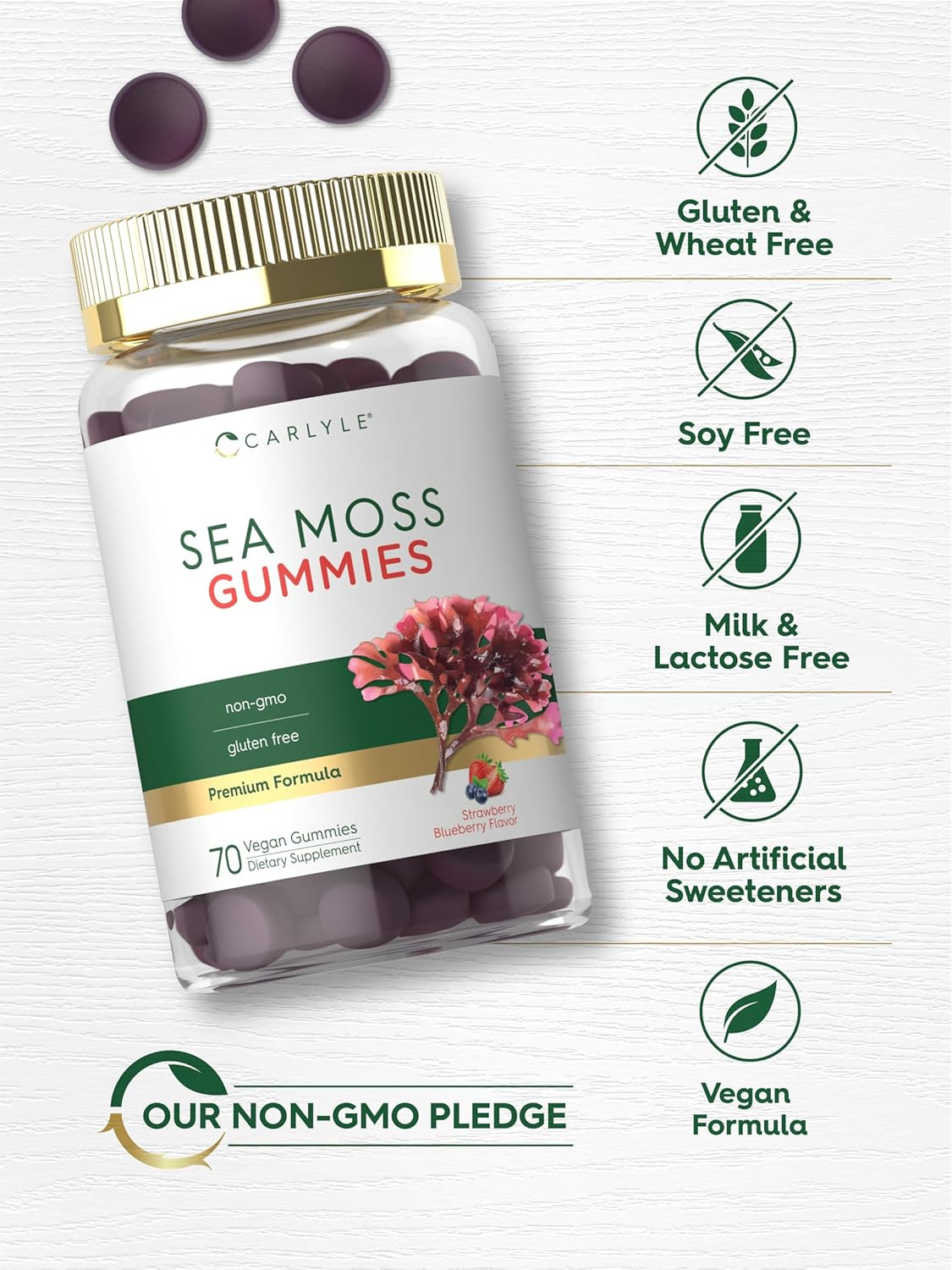 Sea Moss Gummies | 70 Count | Strawberry Blueberry Flavor | Vegan, Non-Gmo, Glut