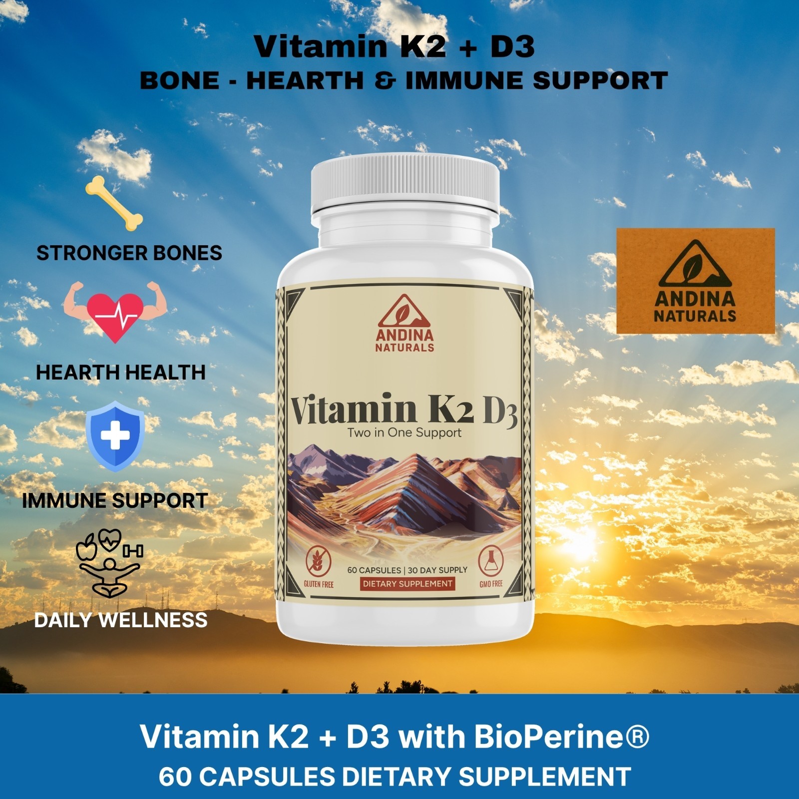 Vitamin K2 + D3 with BioPerine | Bone, Heart & Immune Support | 60 Capsules