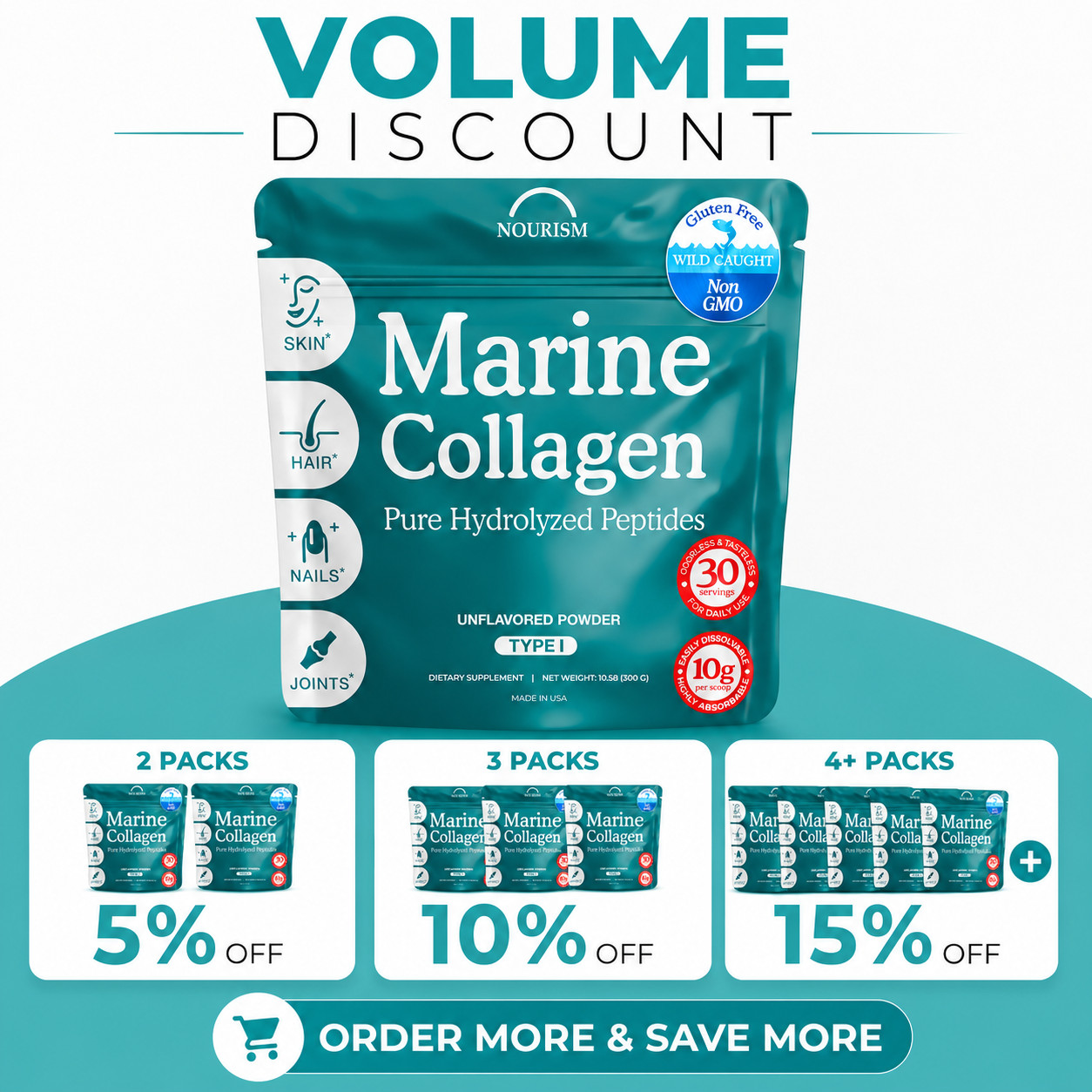 Pure Hydrolyzed Marine Collagen for Skin Hair Nails Joint Support 10.58 oz