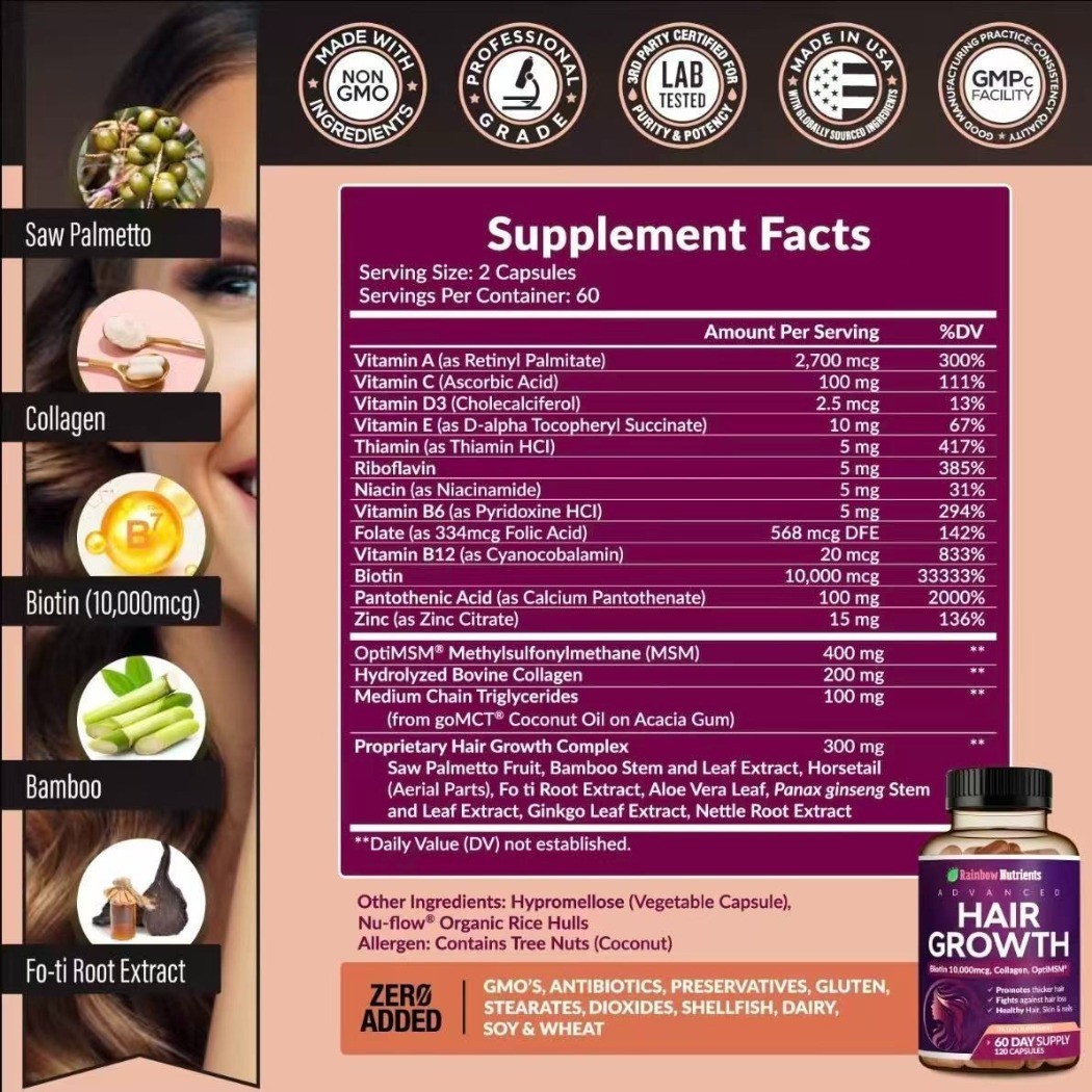 3PCS Rainbow Nutrients ADVANCED Hair Growth Vitamins – Biotin 10,000mcg,Collagen