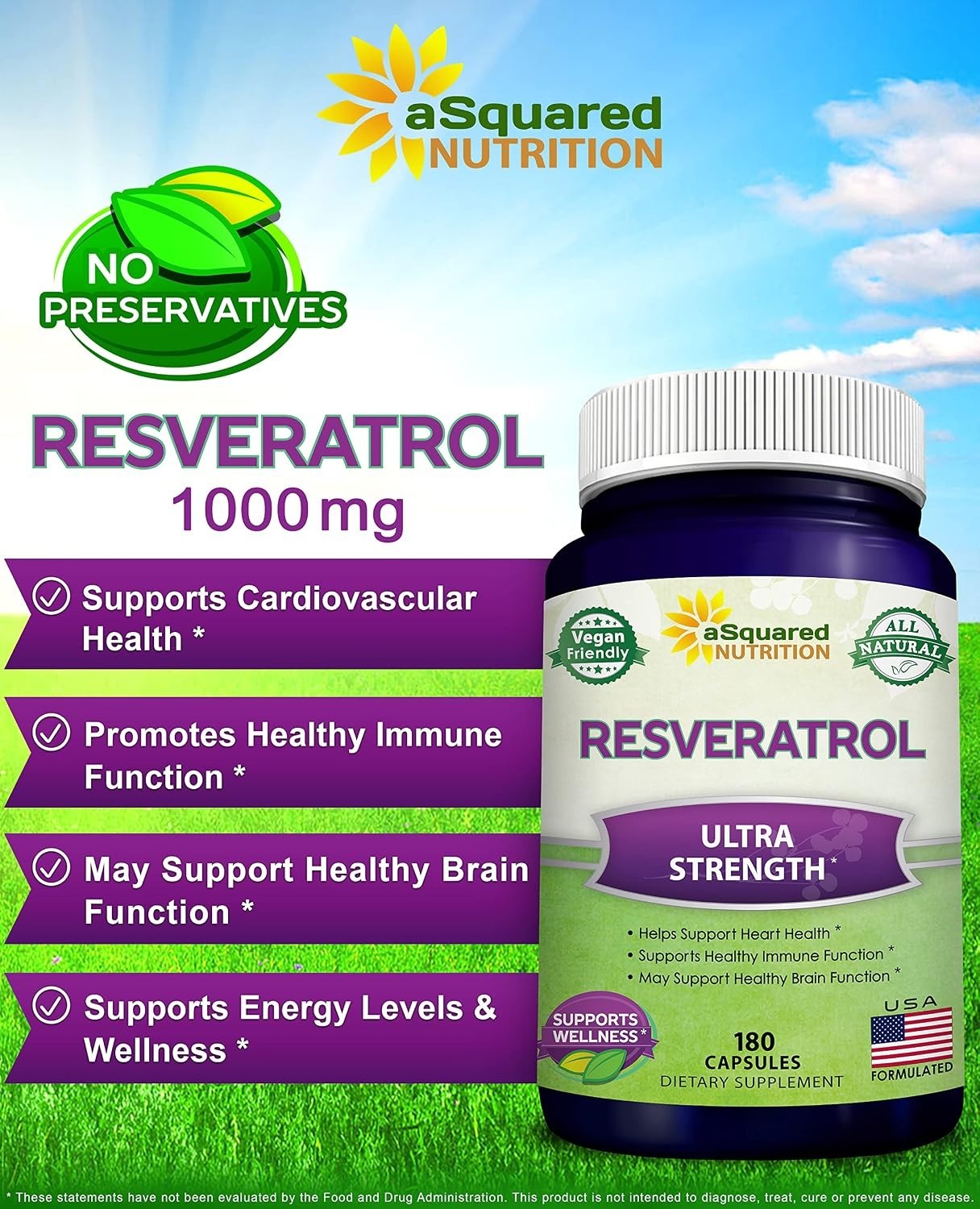 100% Natural Resveratrol – 1000mg Per Serving Max Strength 180 Capsules Antio…