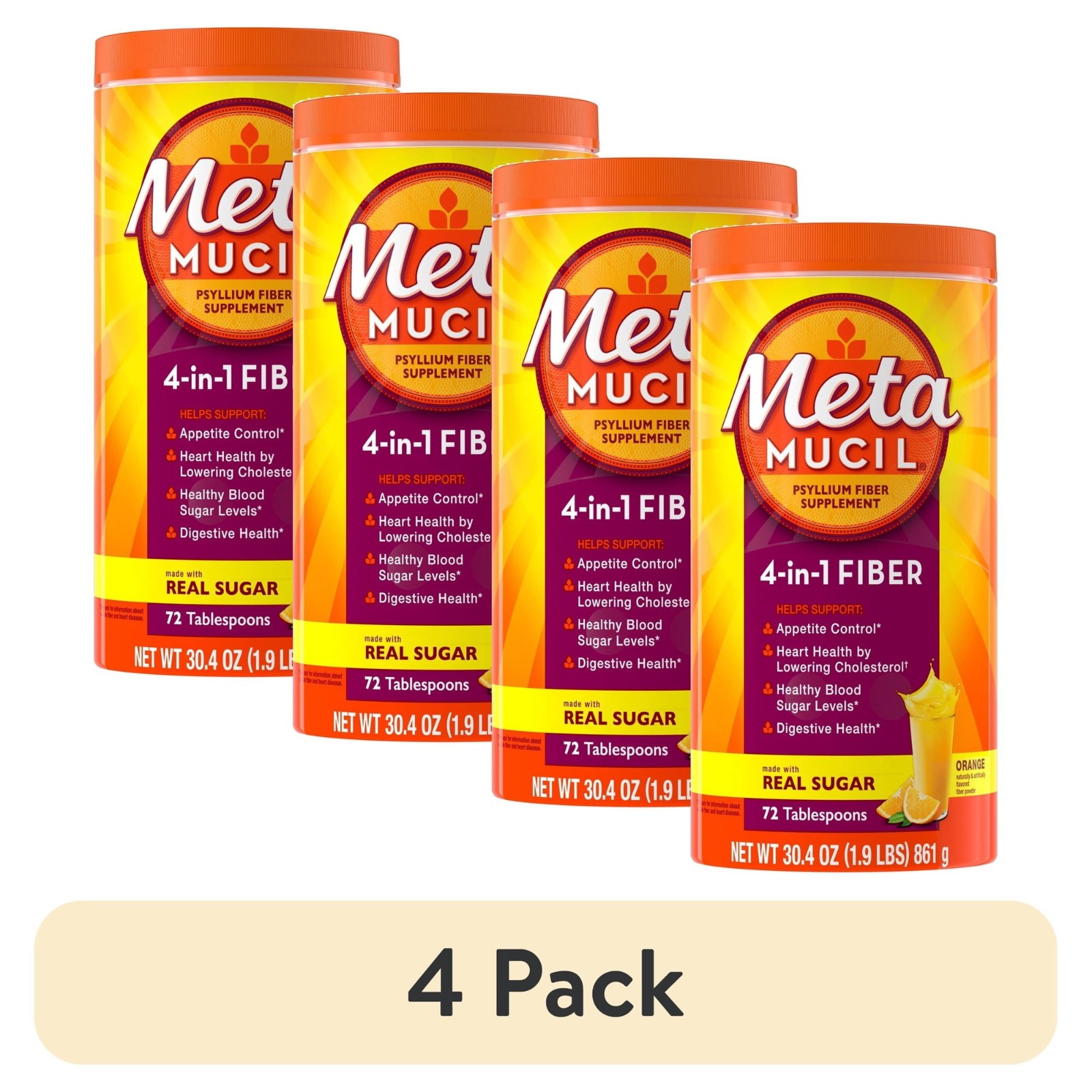 Metamucil Psyllium Fiber Powder Orange Real Sugar 72 Tbsp 4 Pack FREESHIP
