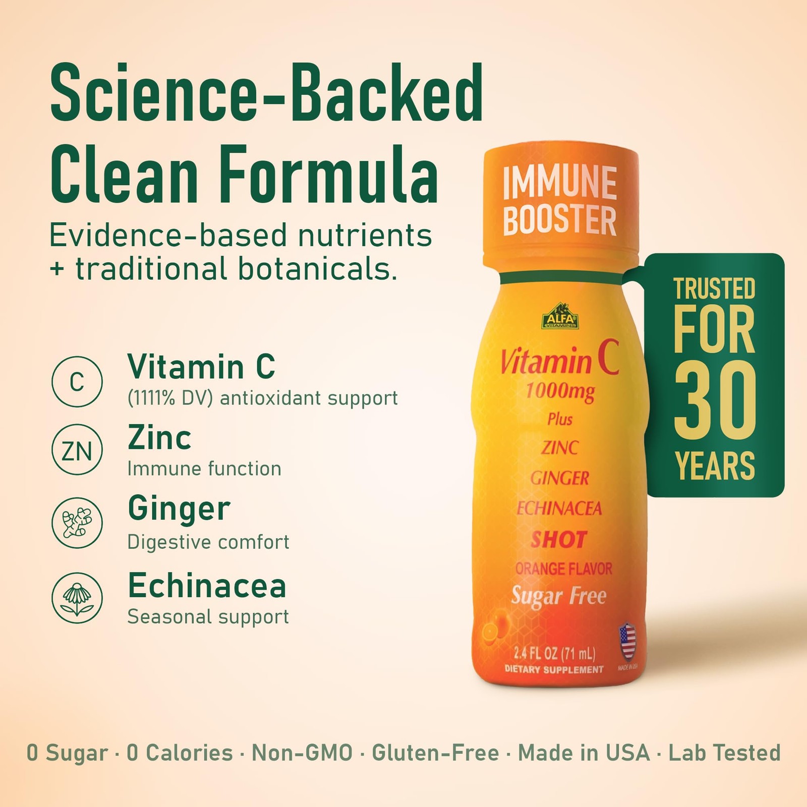 Vitamin C Shot 1000mg with Zinc, Ginger & Echinacea – 2.4 FL Oz Bottle – 20 Pack