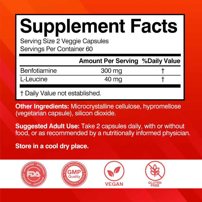 120pcs Benfotiamine Capsules 300mg – L-lecucine – Fat & Water Soluble Vitamin B1