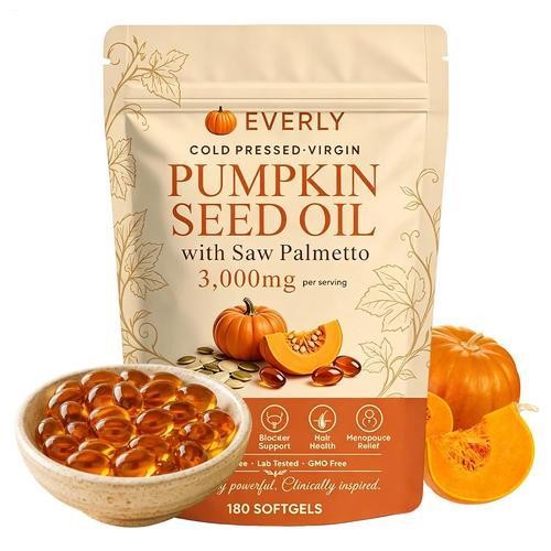 Everly Pumpkin Seed Oil with Saw Palme tto, 180 Softgels, Cold Pressed Pumpkin