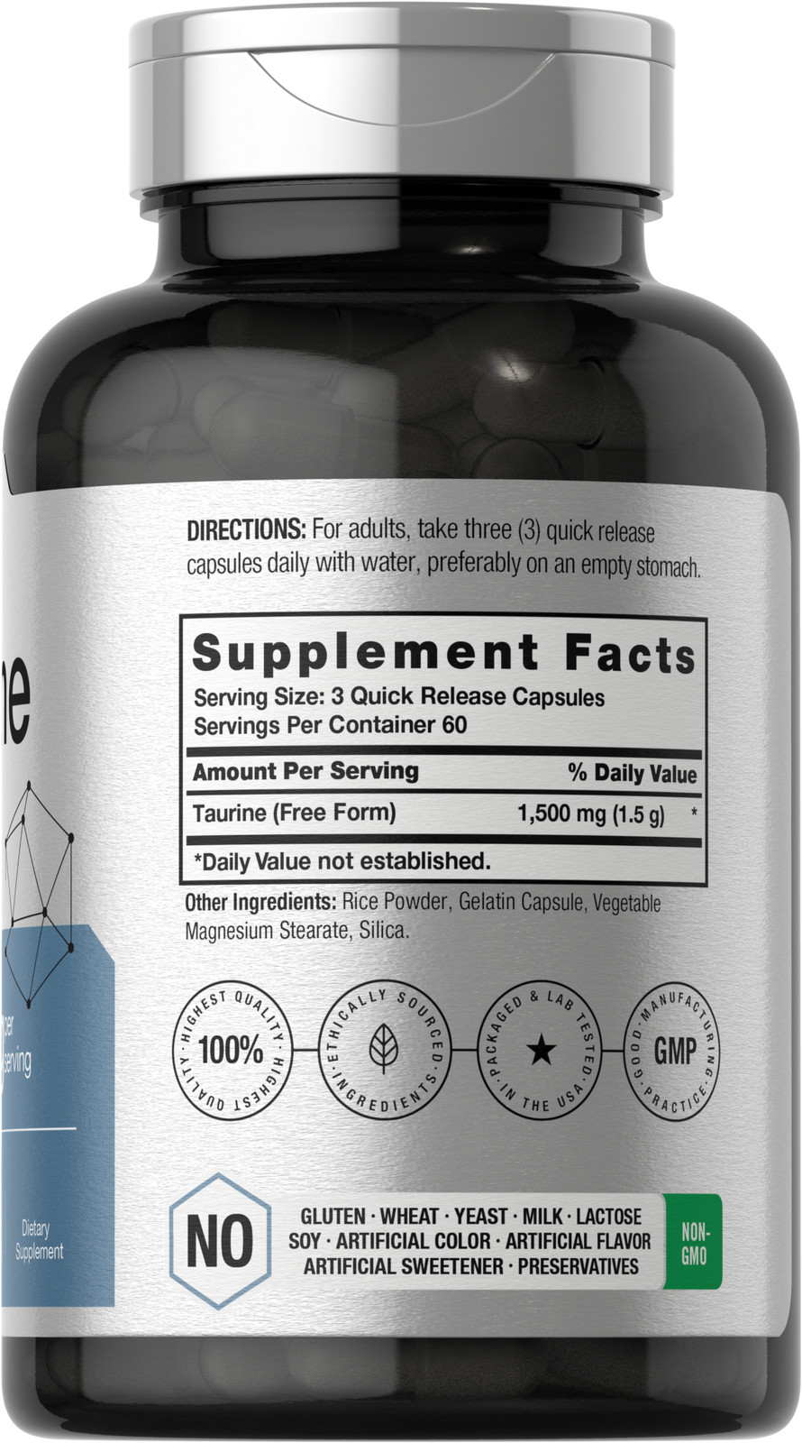 Taurine 1500mg Capsules | 180 Count | Non-GMO and Gluten Free | by Horbaach