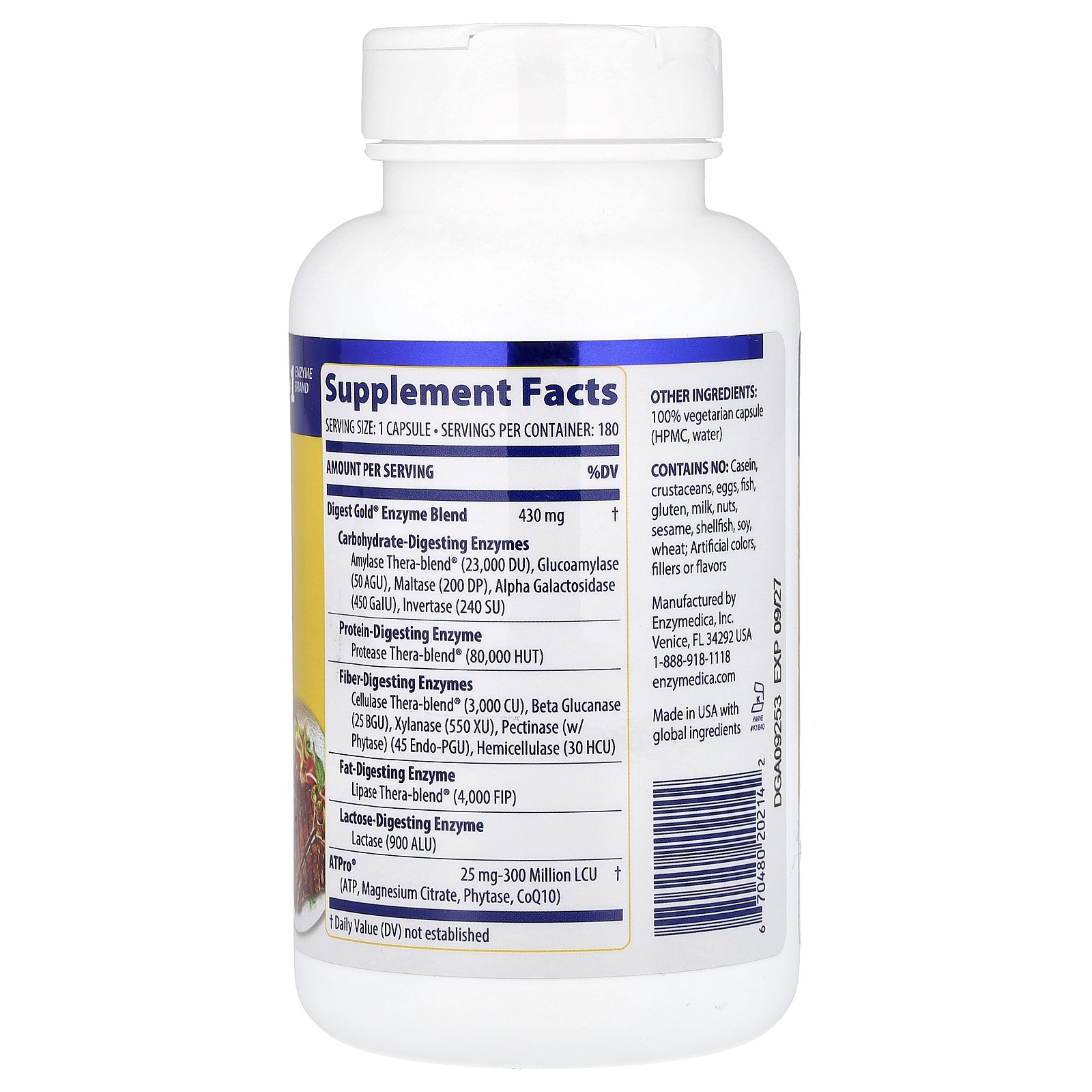 Enzymedica Digest Gold with ATPro 180 Capsules Casein-Free, Dairy-Free,
