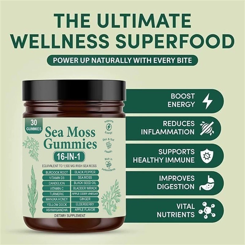 3PCS 16 in 1 Organic Sea Moss Gummy Irishmoss Extract 6000Mg Apple Flavor US