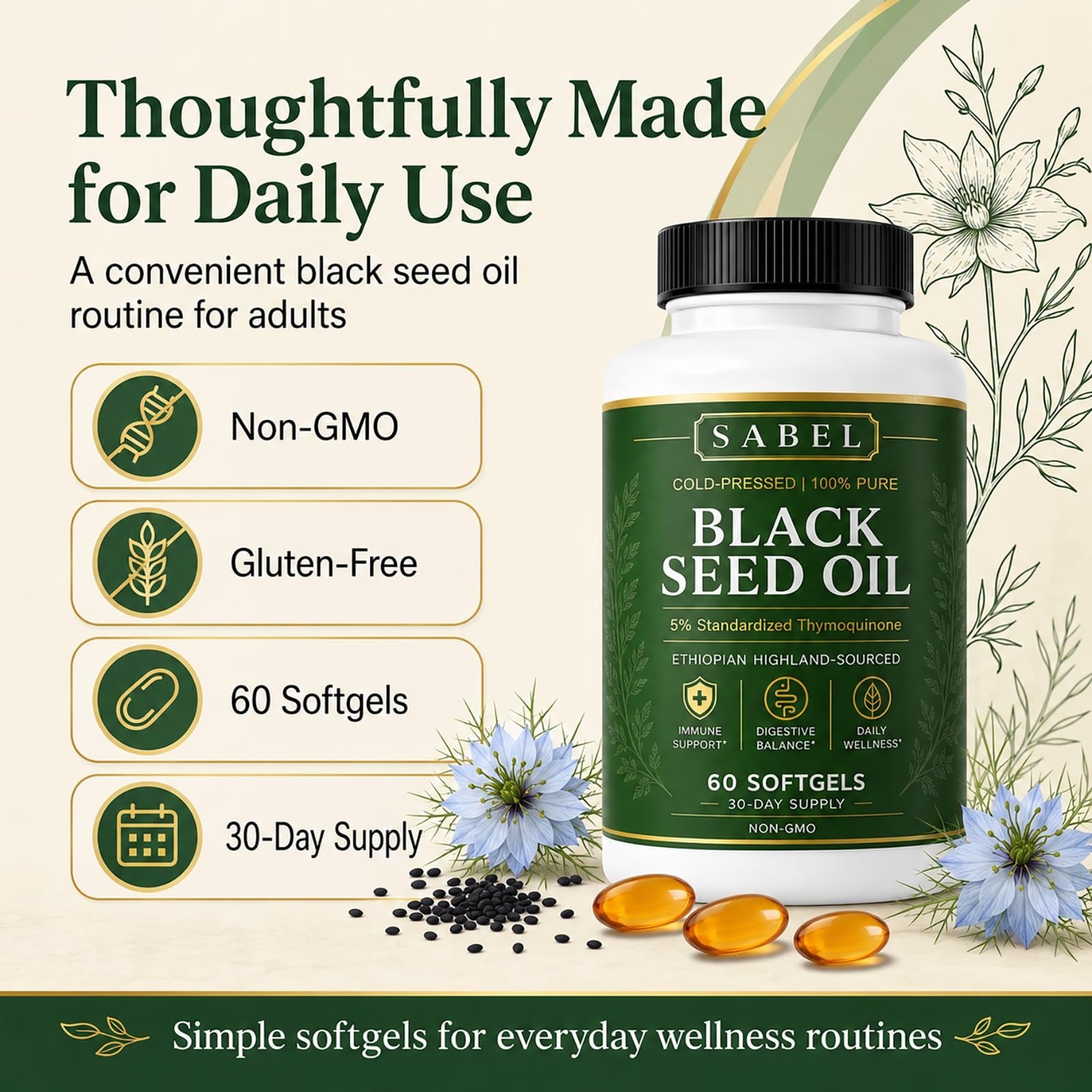 Ethiopian Black Seed Oil Softgels – Cold Pressed, Non-GMO, Gluten-Free, 60 Count