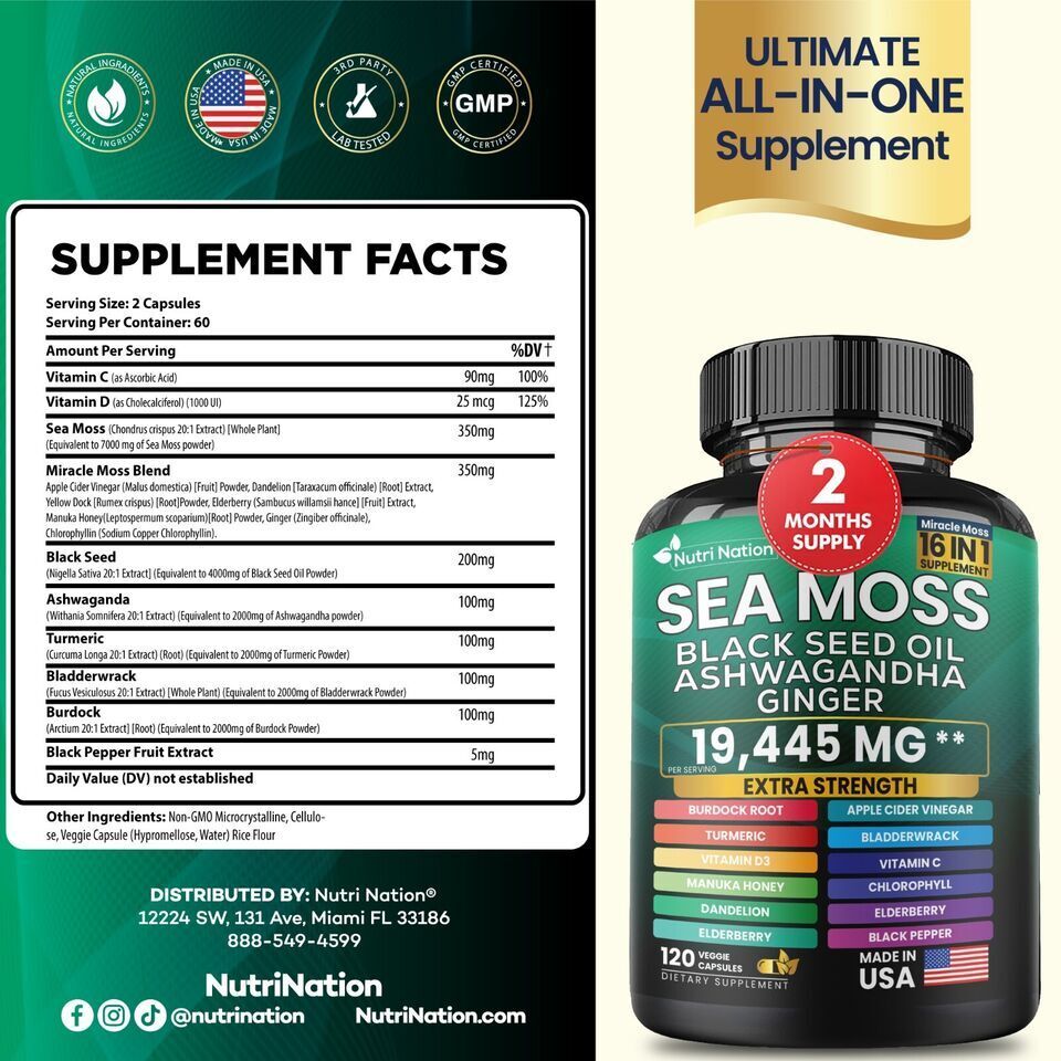 Sea Moss, Black Seed Oil, Ashwagandha, Turmeric, Ginger (16 in 1) 120 Capsules