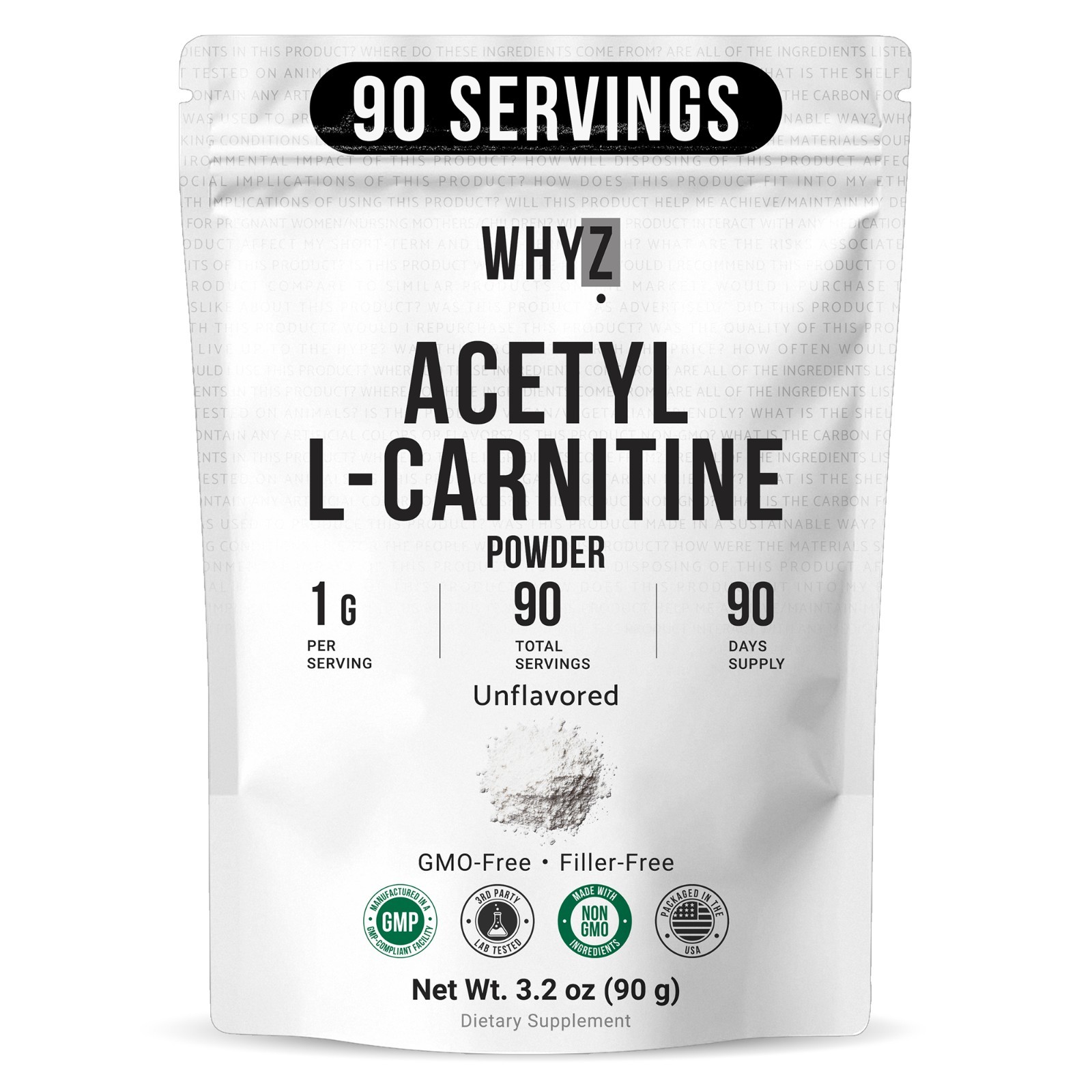 Whyz Pure Acetyl L-Carnitine Powder with Smooth Texture for Easy Mixing, 3.2 oz