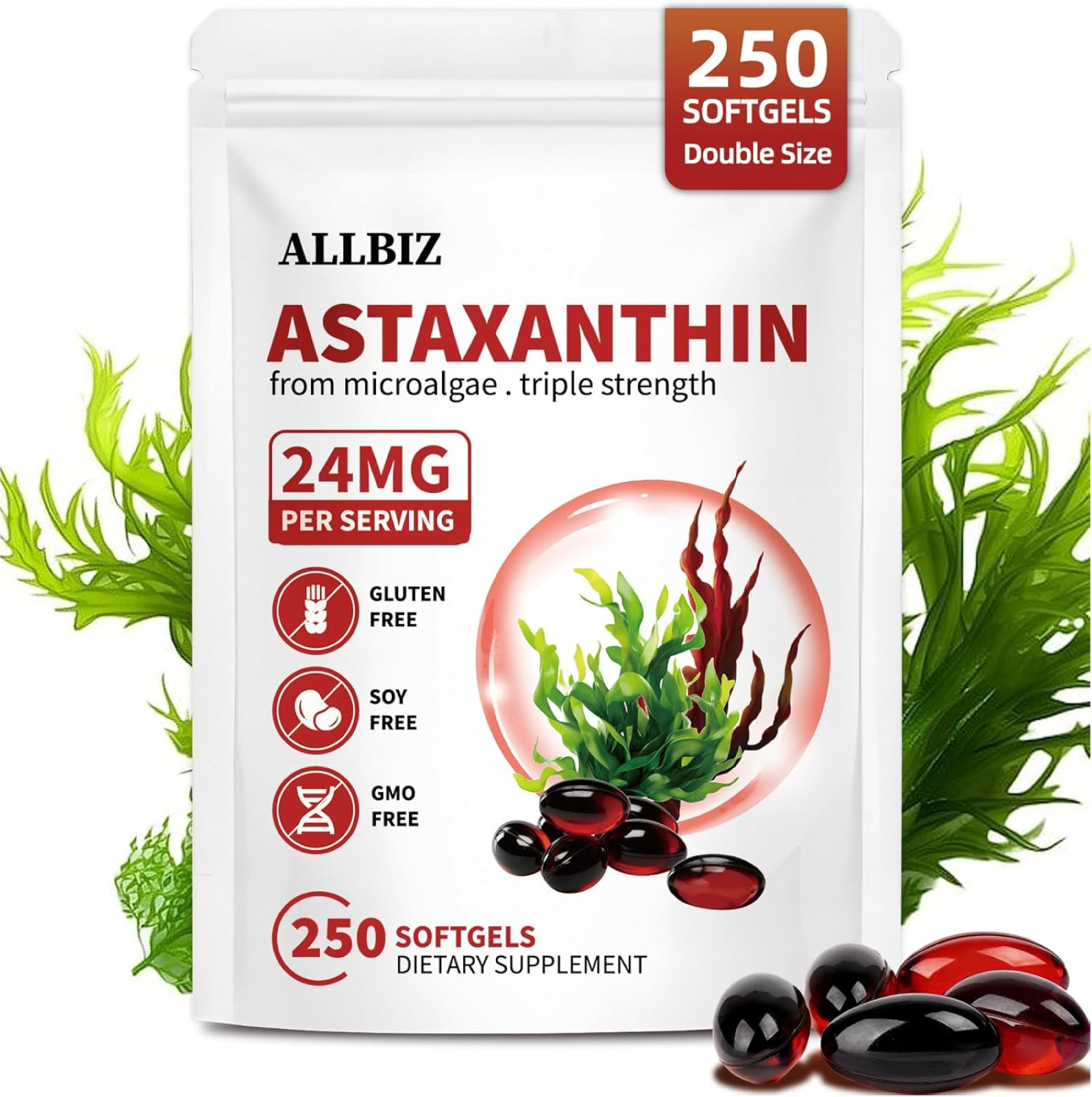 ALLBIZ Astaxanthin 24mg | 250 Softgels | 250-Day Supply | Premium Antioxidant Su